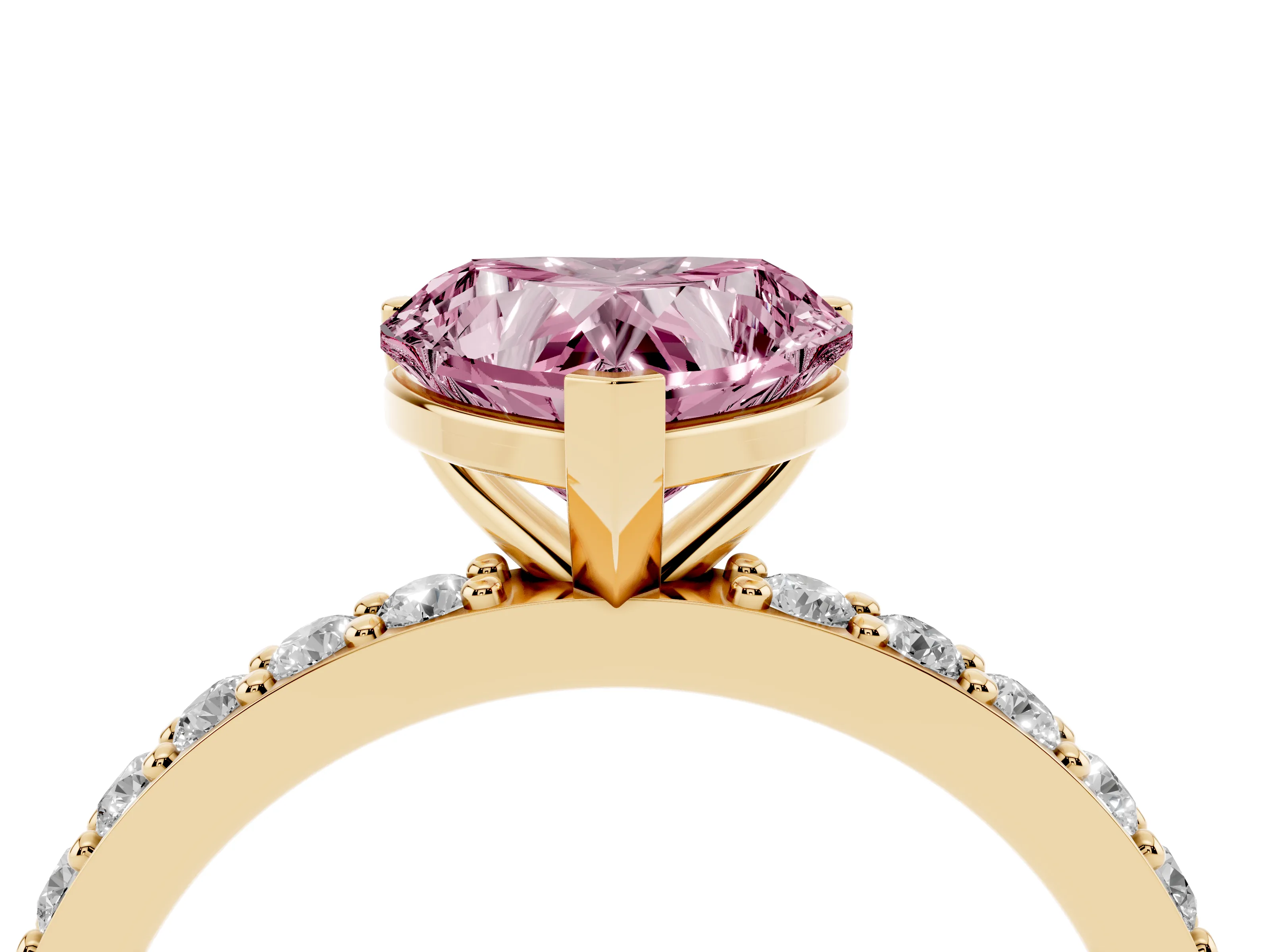 Fancy Pink Heart Cut Diamond Solitaire Set in Yellow gold with Round Pavé Band and Prong Setting