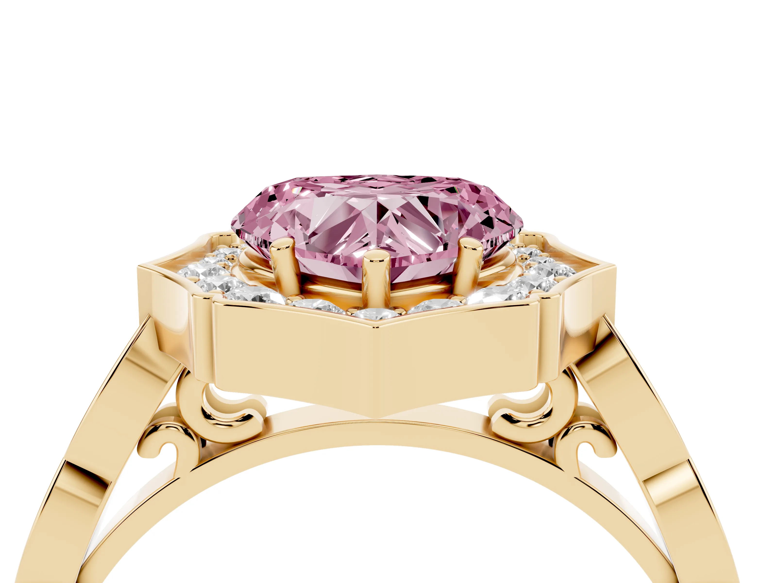 Fancy Pink Heart Cut Diamond Halo Engagement Ring Set in Yellow gold with Milgrain Band and Prong Setting