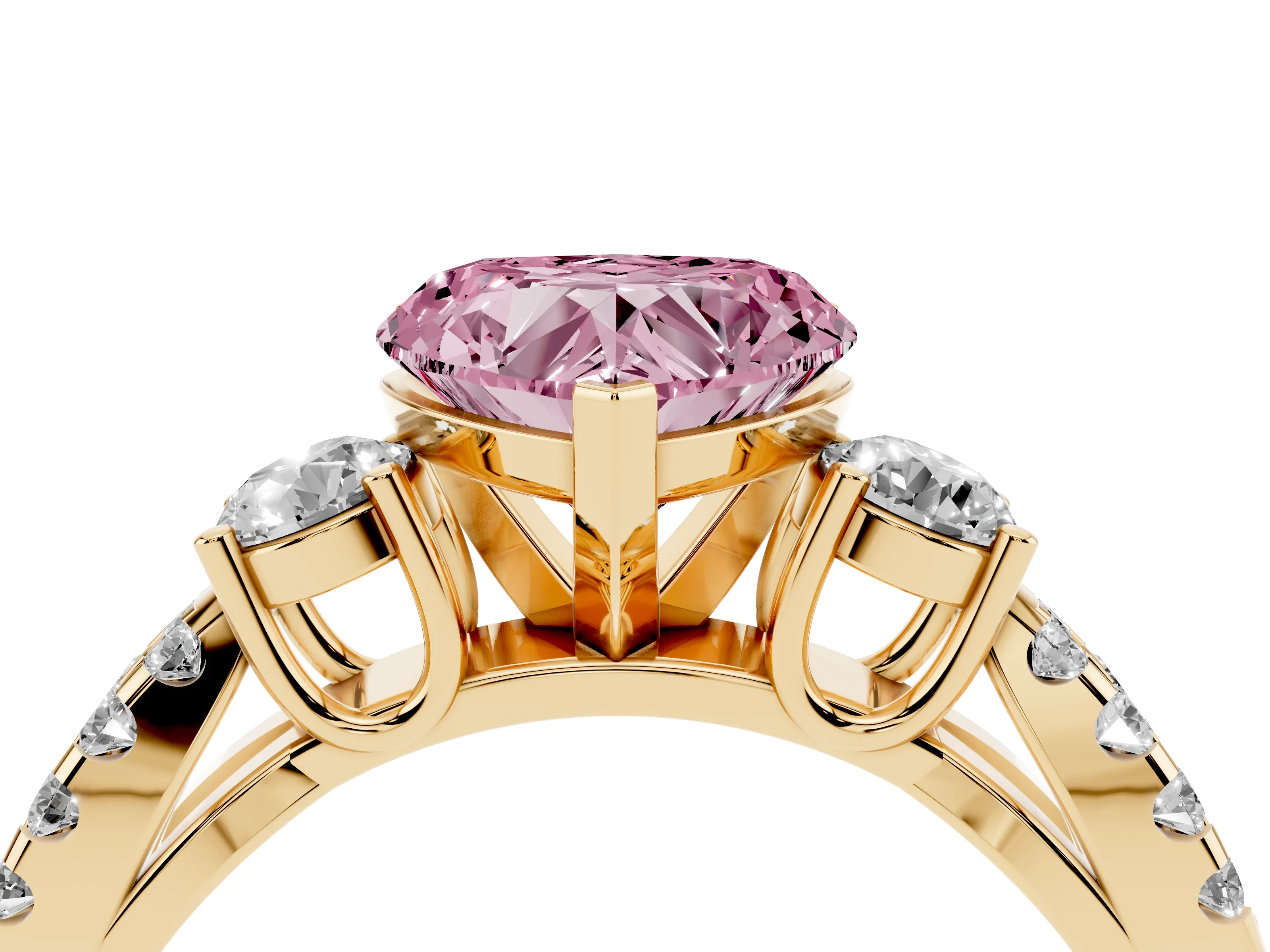 Fancy Pink Heart Cut Diamond Three-Stone Ring Set in Yellow gold with Pavé Split Shank and Prong Setting
