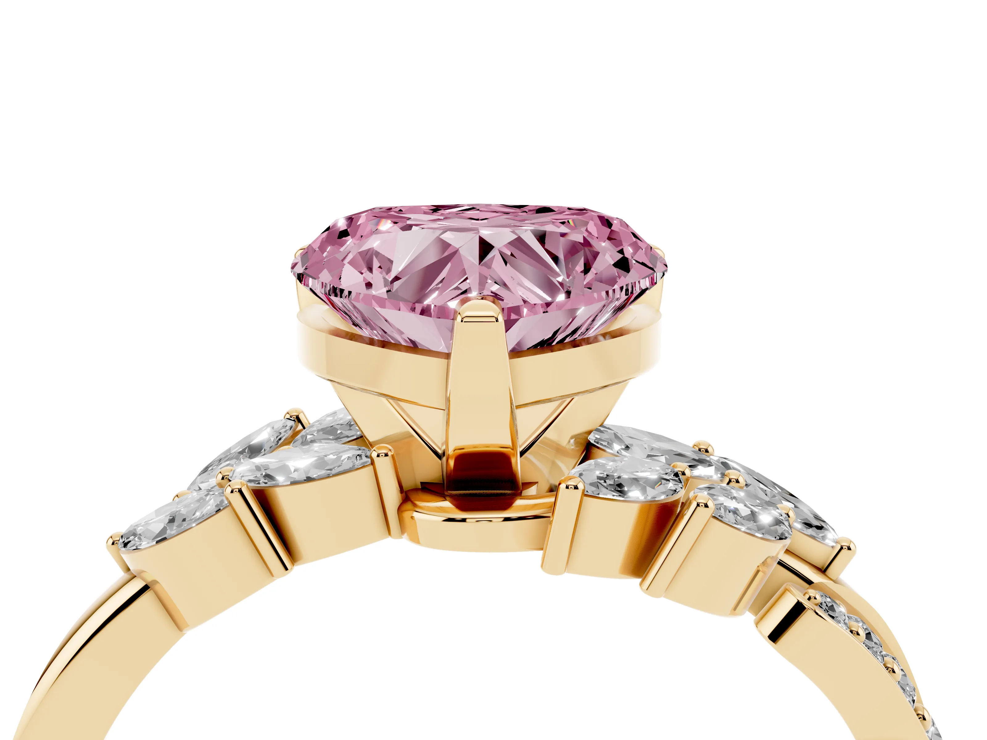 Fancy Pink Heart Cut Diamond Solitaire Ring Set in Yellow gold with Marquise Twist Band and Prong Setting