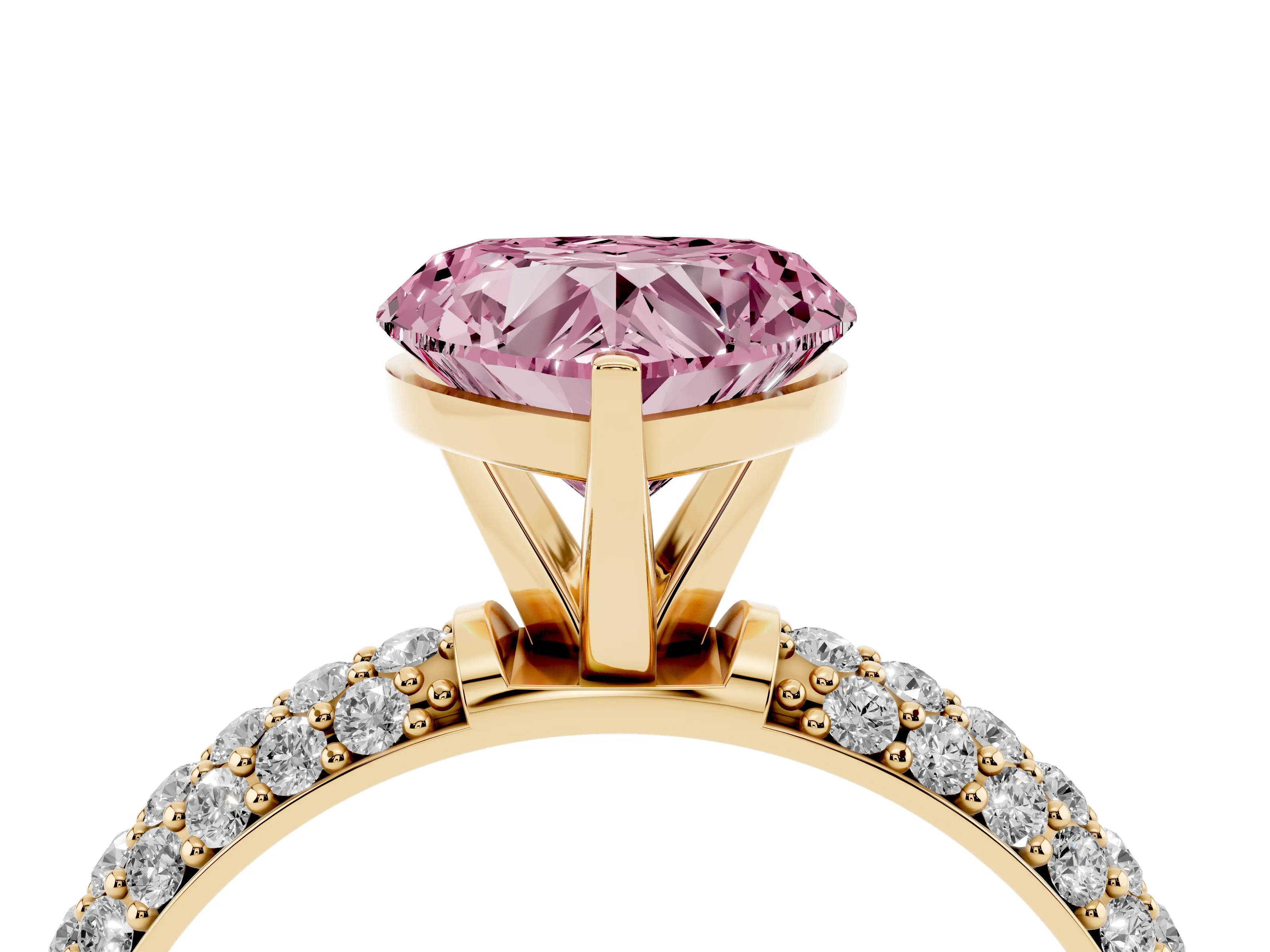 Fancy Pink Heart Cut Diamond Solitaire Ring Set in Yellow gold with Prong Setting and Pavé-Set Band
