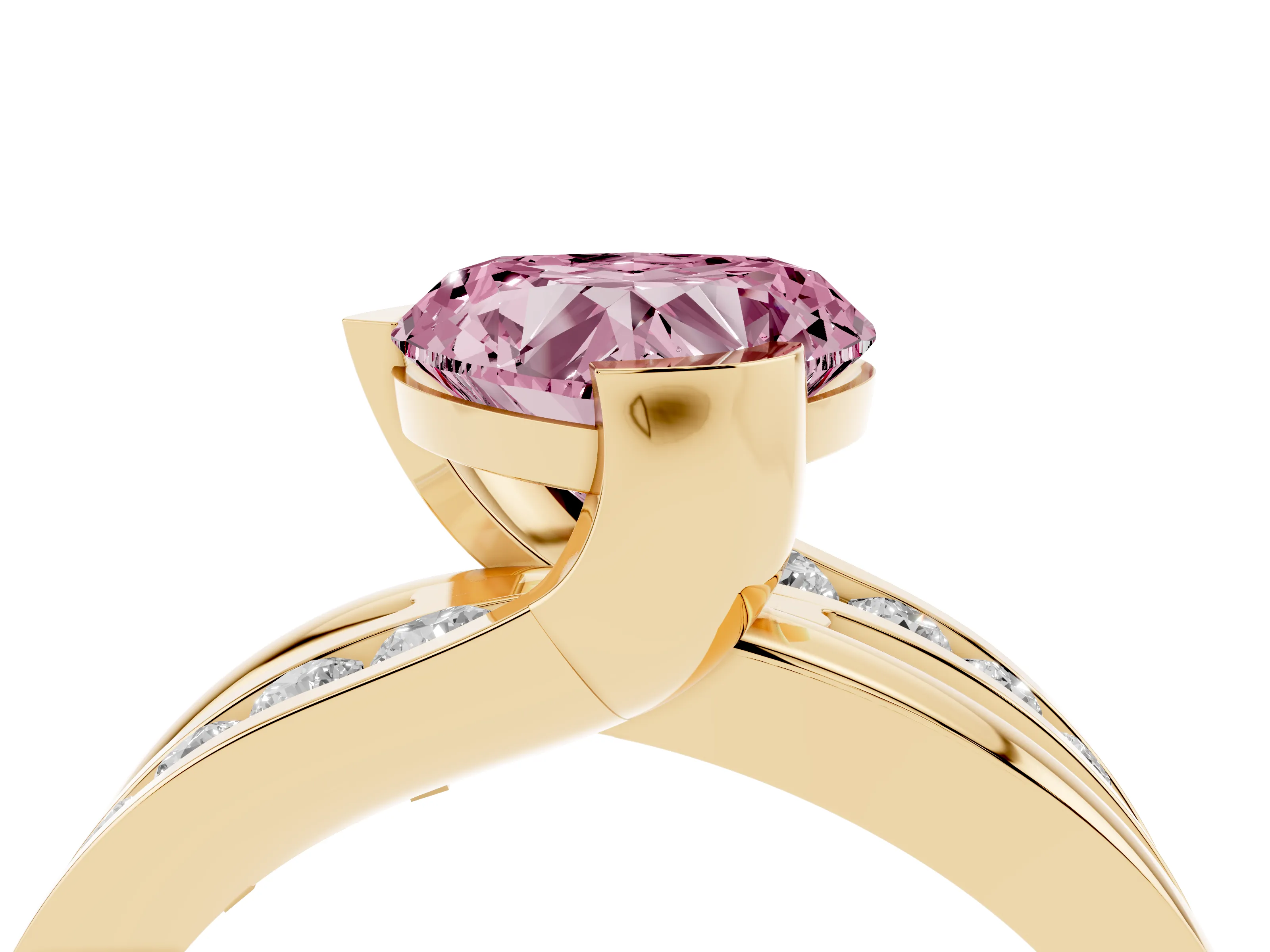Fancy Pink Heart Cut Diamond Solitaire Ring Set in Yellow gold with Channel Set Split Shank and Tension Prongs