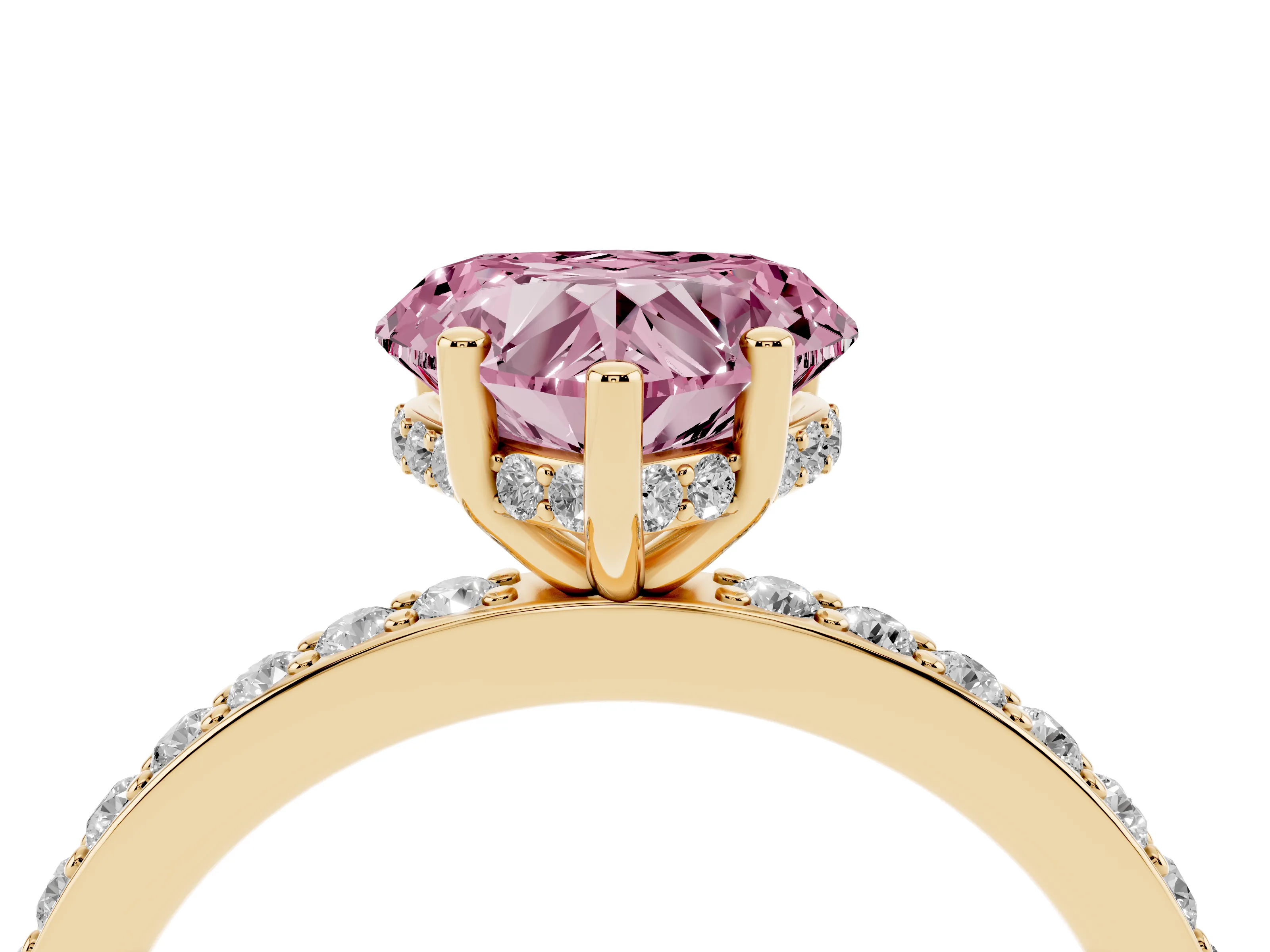 Fancy Pink Heart Cut Diamond Pavé Band Ring Set in Yellow gold with Prong-Set Center Stone
