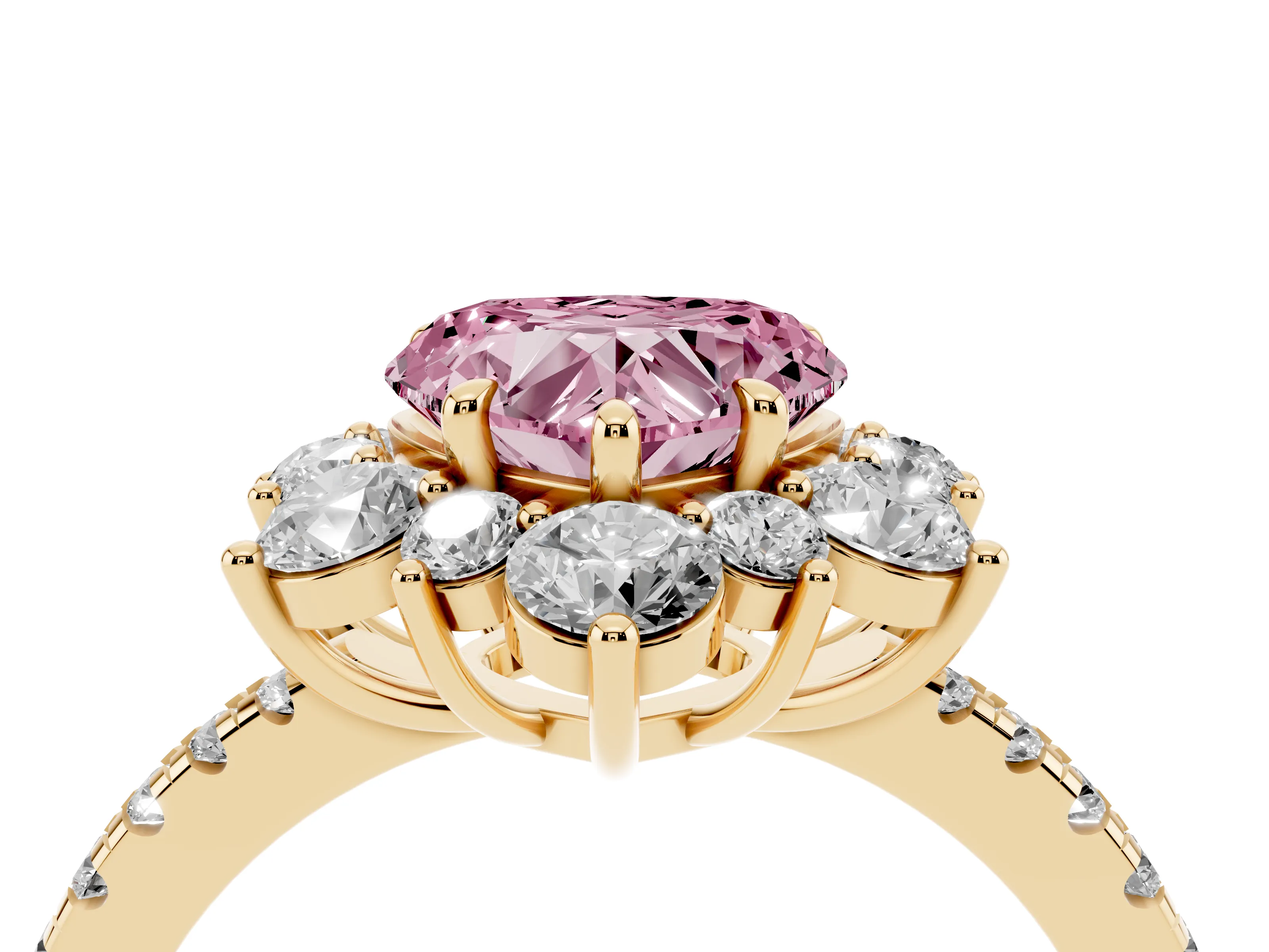 Fancy Pink Heart Cut Diamond Floral Halo Ring Set in Yellow gold with Round Pavé Band and Prong Setting