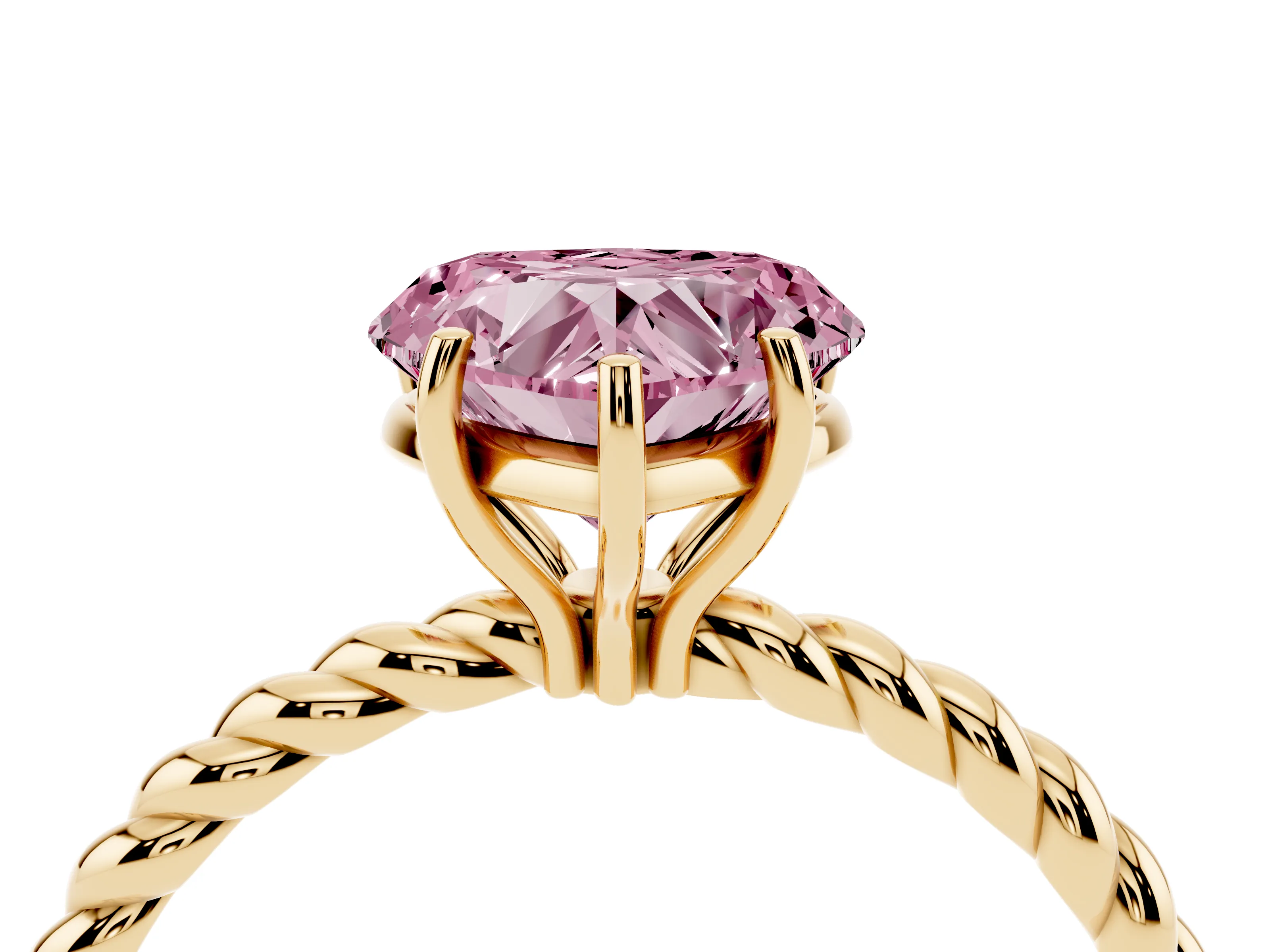 Fancy Pink Heart Cut Diamond Solitaire Ring Set in Yellow gold with Twist Band and Prong Setting