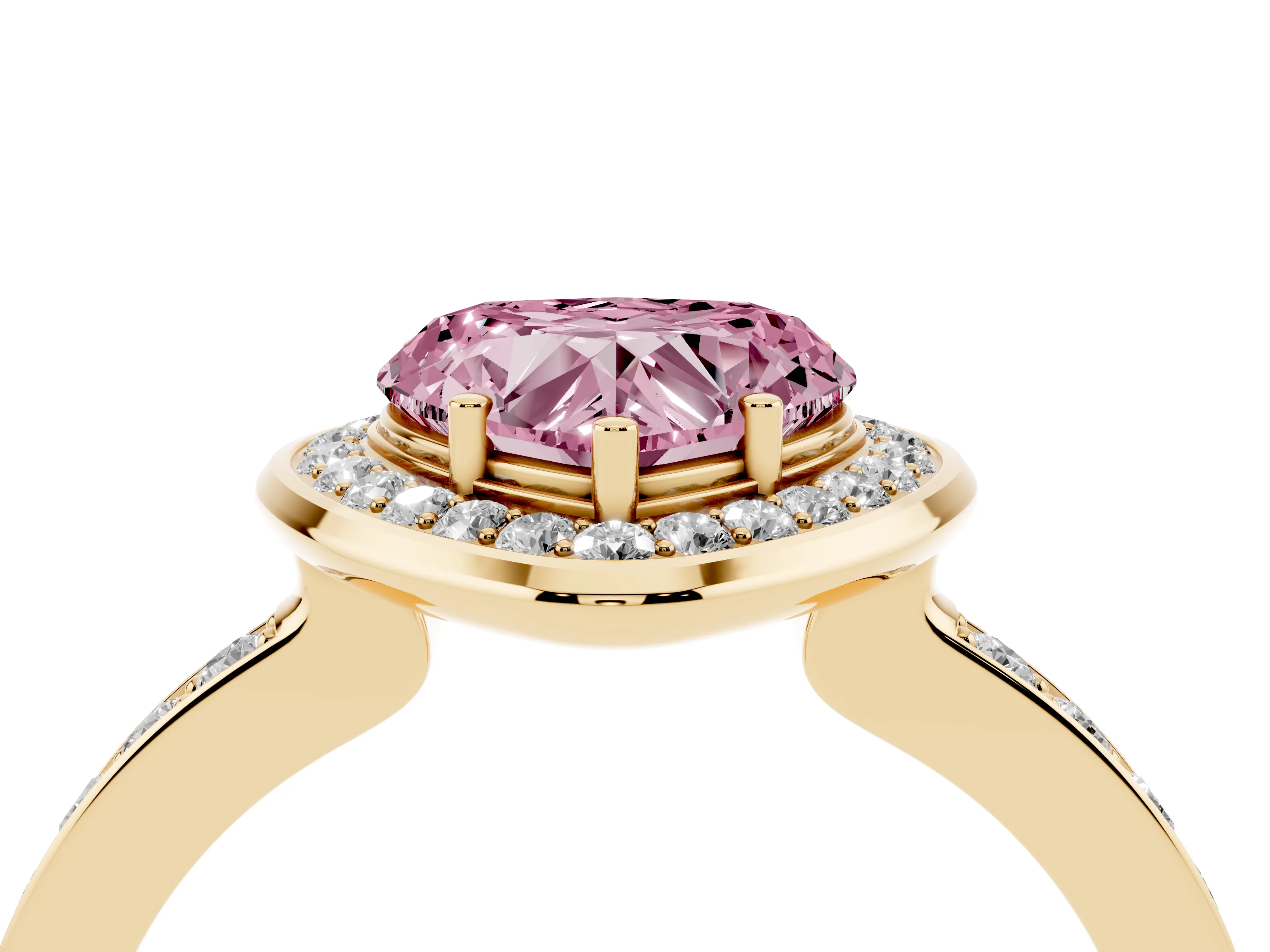 Fancy Pink Heart Cut Diamond Halo Ring Set in Yellow gold with Bezel Frame and Pavé Band