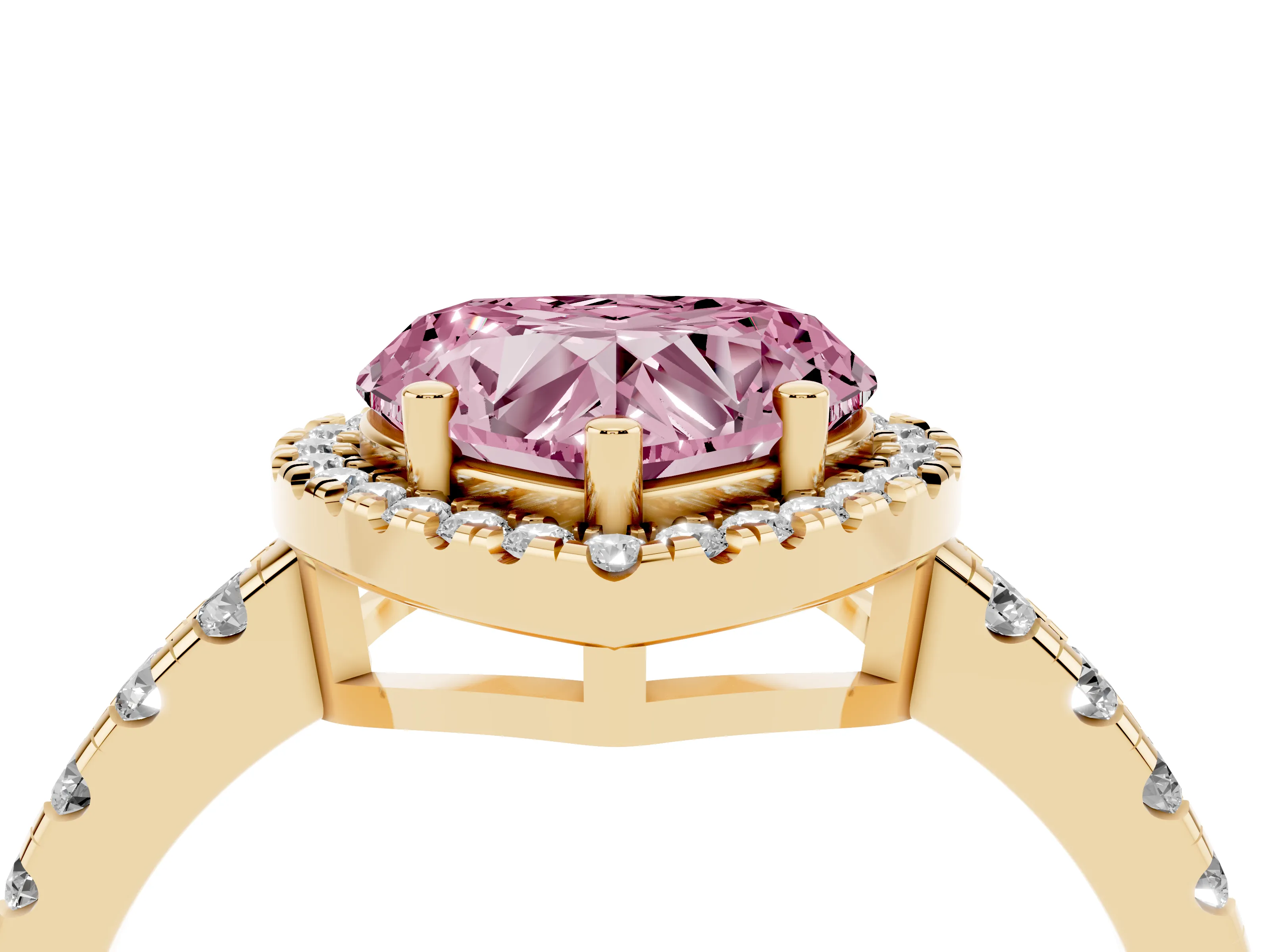 Fancy Pink Heart Cut Diamond Halo Ring Set in Yellow gold with Delicate Pavé Band and Prong Setting