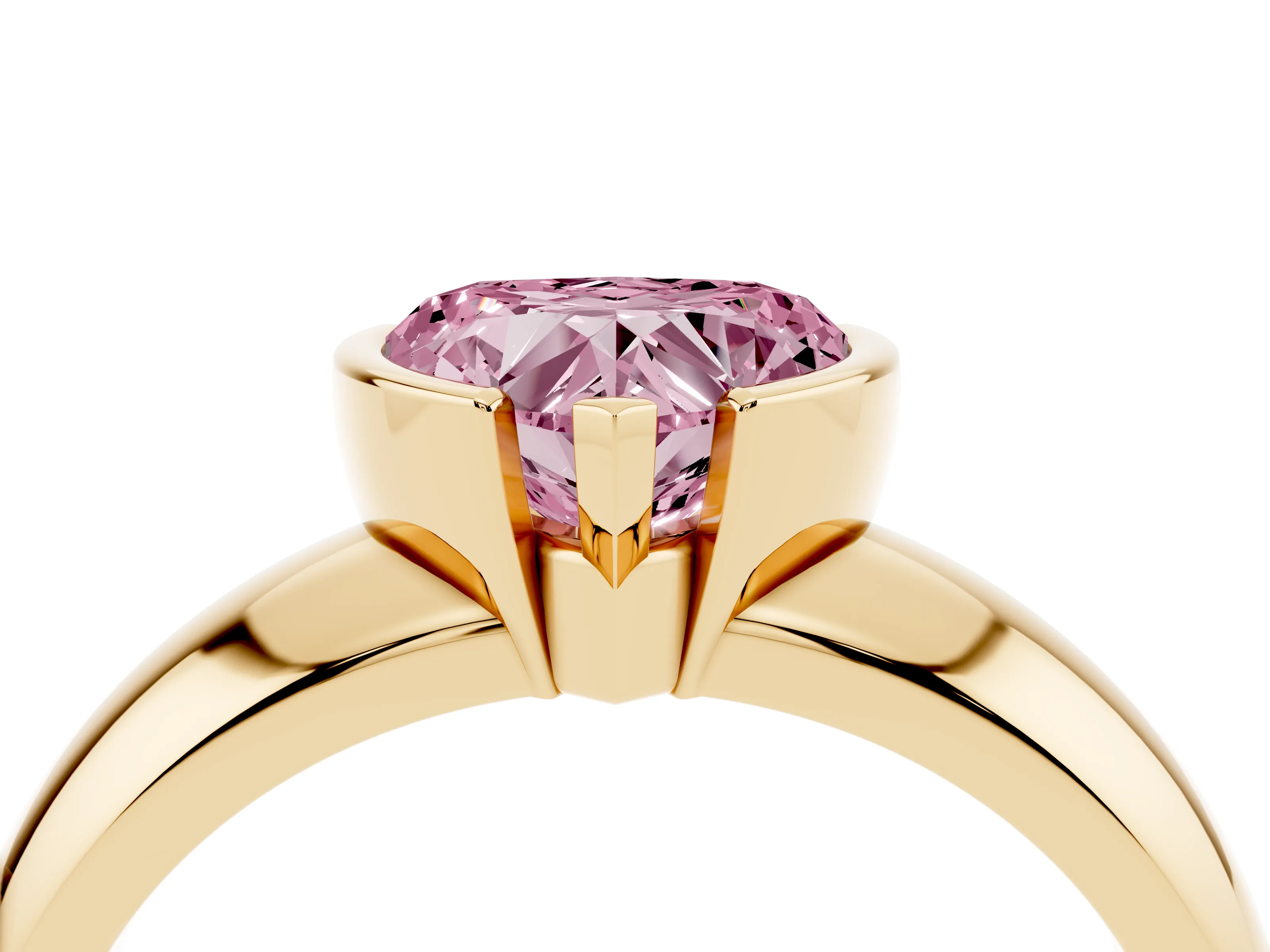 Fancy Pink Heart Cut Diamond Solitaire Tension Set Ring Set in Yellow gold with Wide Band