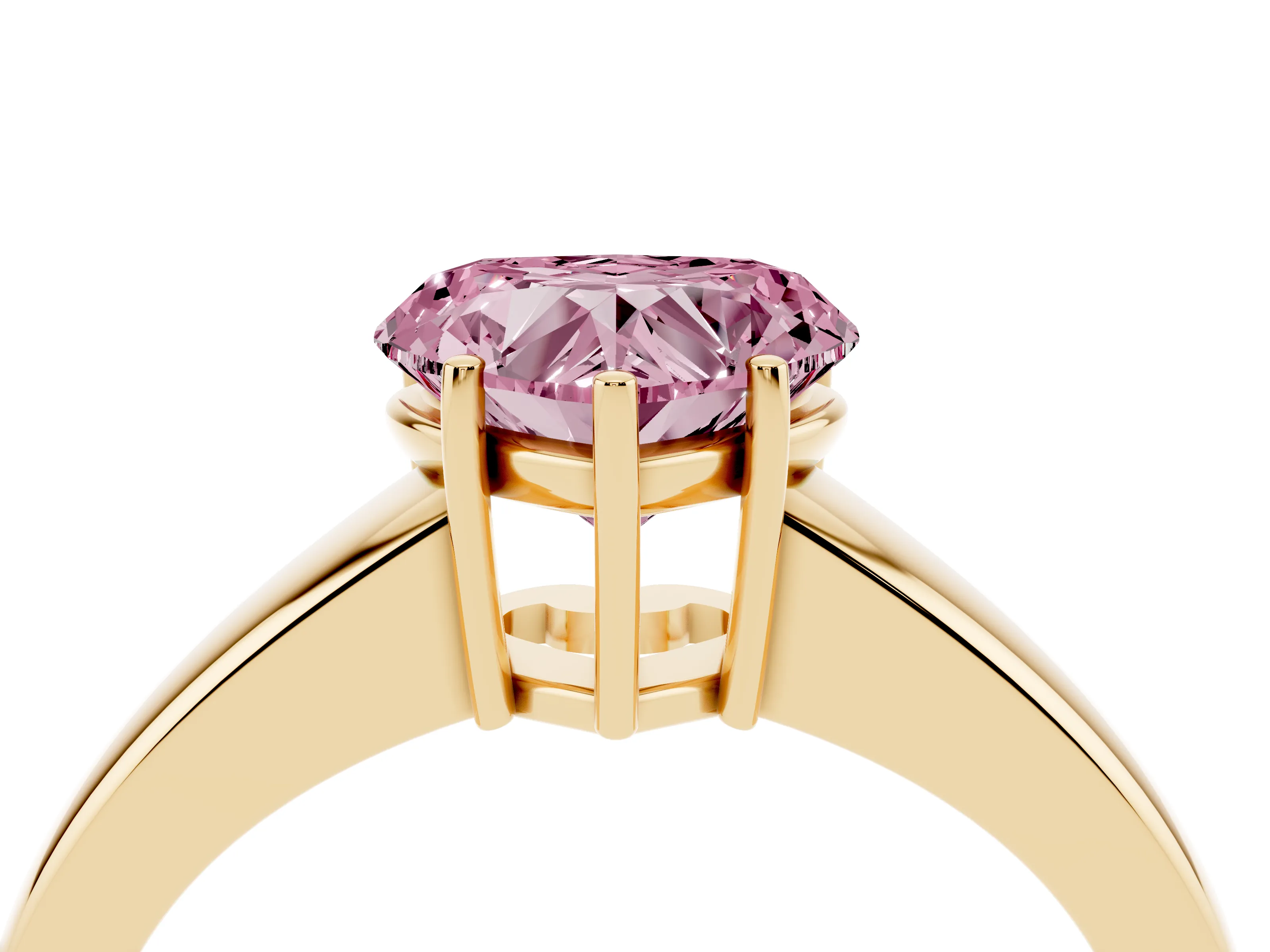 Fancy Pink Heart Cut Diamond Solitaire Ring Set in Yellow gold with Tapered Band and Prong Setting