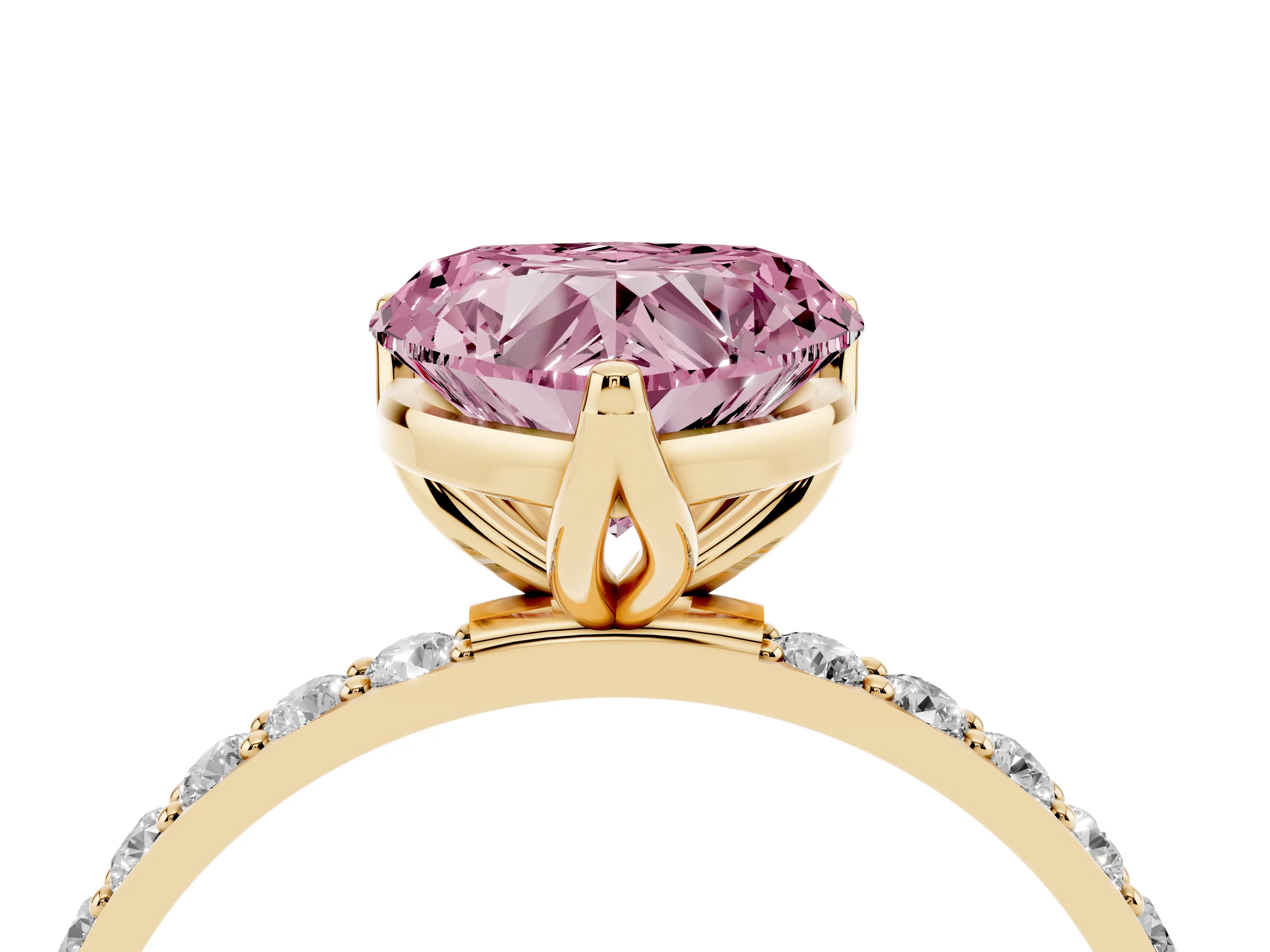 Fancy Pink Heart Cut Diamond Solitaire Engagement Ring Set in Yellow gold with Round Pavé Band and Prong Setting