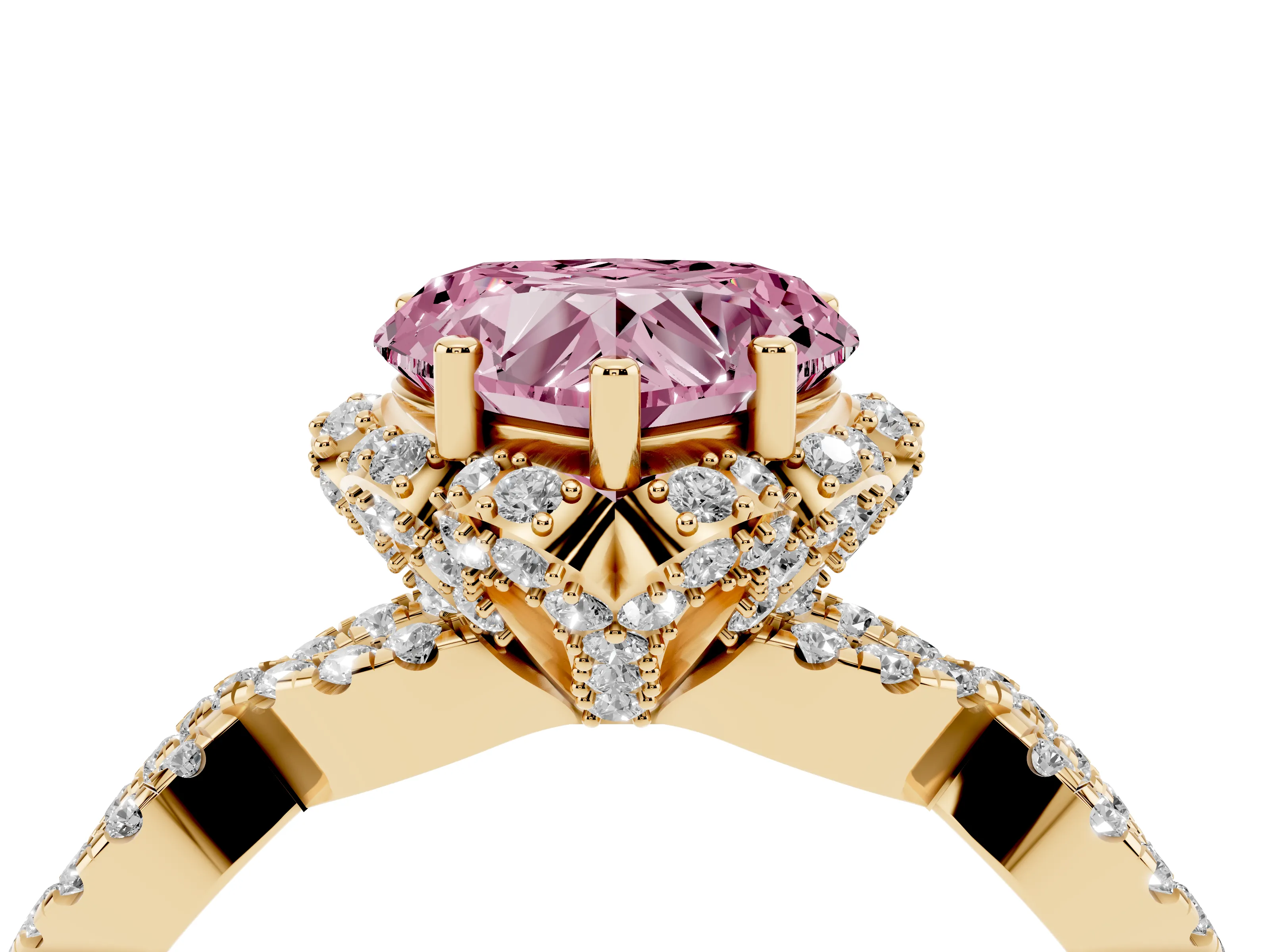 Fancy Pink Heart Cut Diamond Halo Twist Band Solitaire Ring Set in Yellow gold with Prong-Set Center Stone
