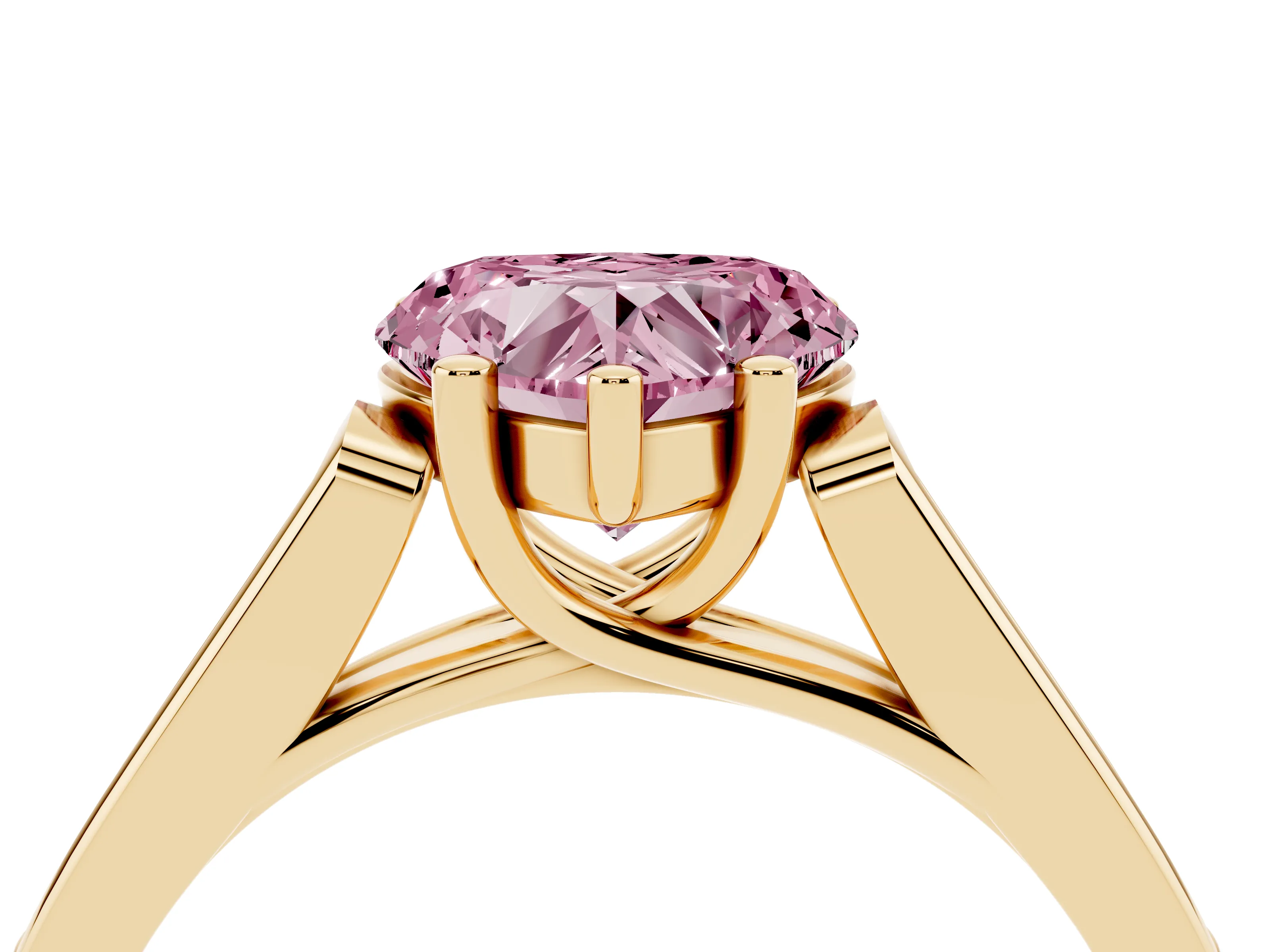 Fancy Pink Heart Cut Diamond Solitaire Cathedral Engagement Ring Set in Yellow gold with Channel-Set Band and Prong Setting
