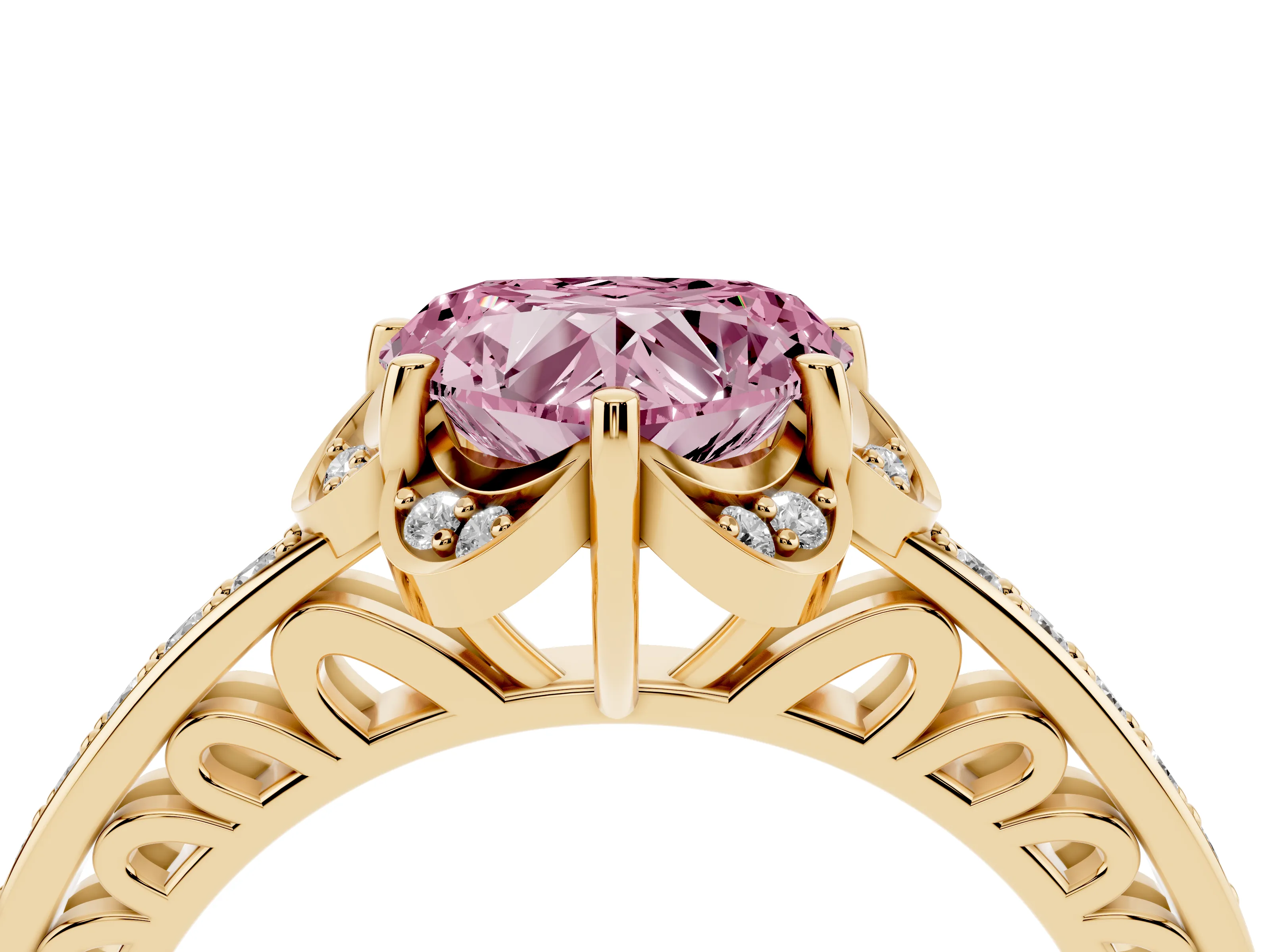 Fancy Pink Heart Cut Diamond Halo Ring Set in Yellow gold with Channel Set Band and Prong Setting