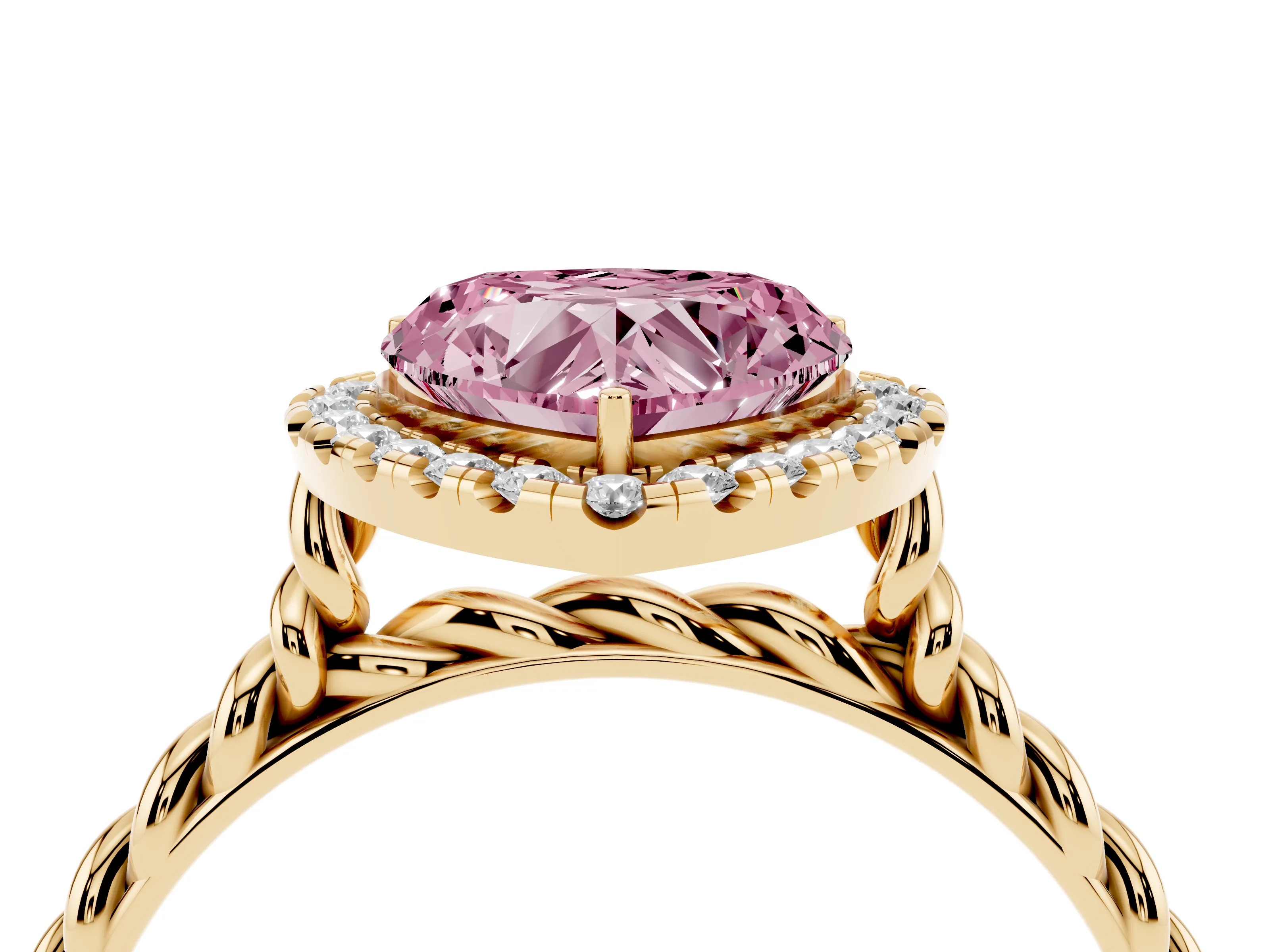Fancy Pink Heart Cut Diamond Halo Ring Set in Yellow gold with Plain Twisted Band