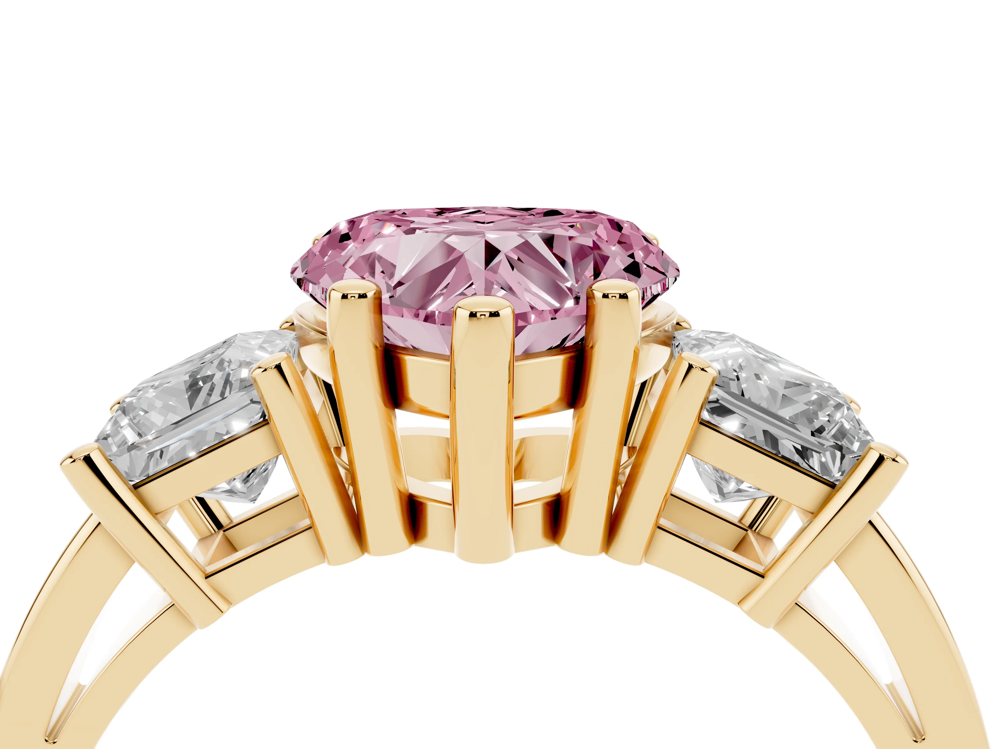 Fancy Pink Three-Stone Heart Cut Diamond Solitaire Ring Set in Yellow gold with Prong Setting