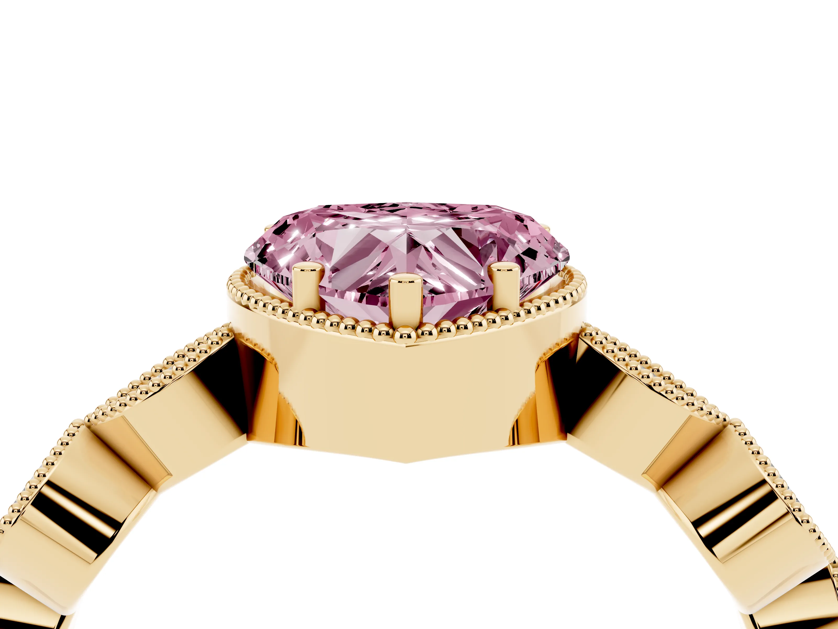 Fancy Pink Heart Cut Diamond Vintage-Inspired Milgrain Ring Set in Yellow gold with Marquise Stations of Round Accents