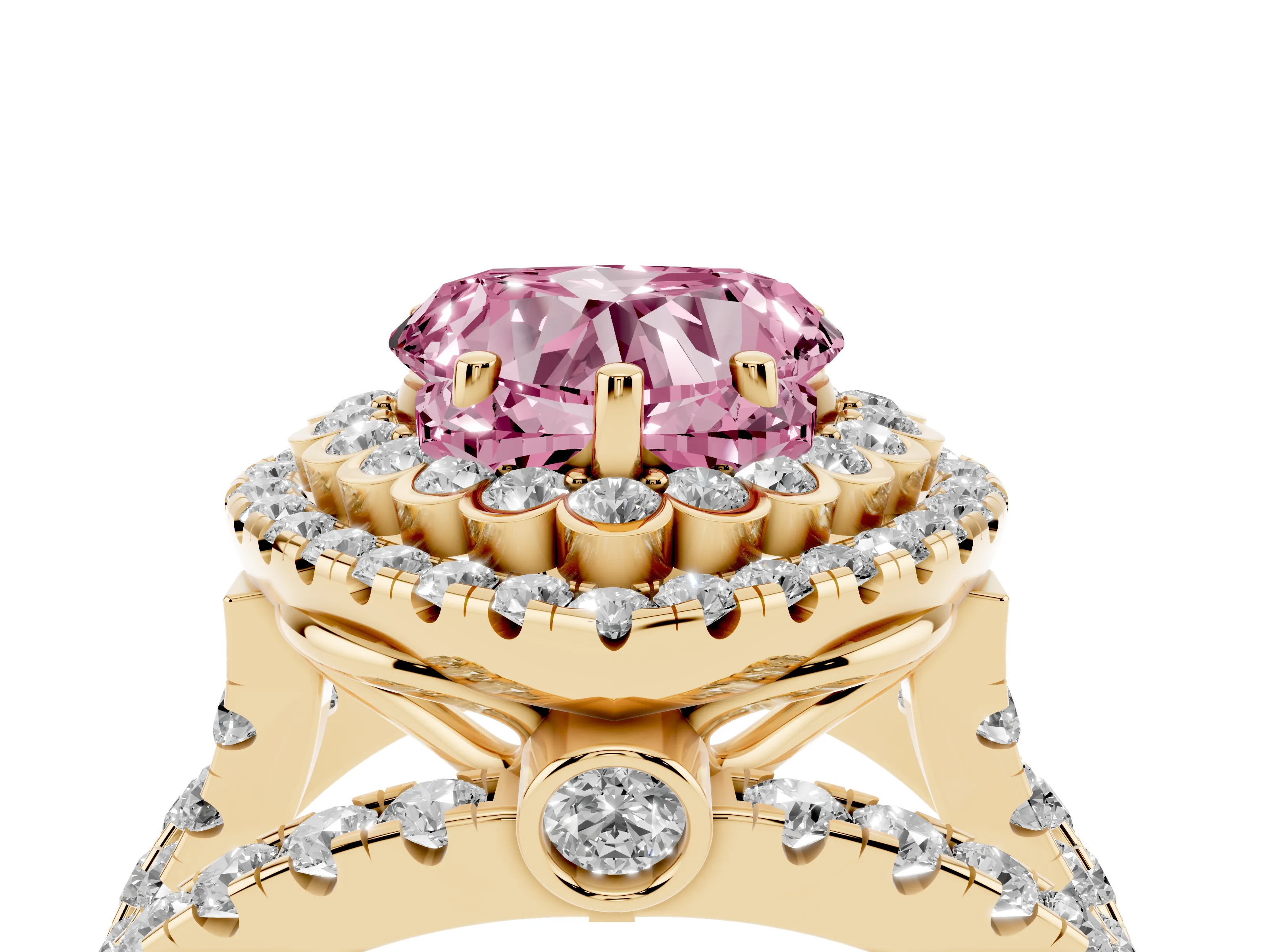 Fancy Pink Heart Cut Diamond Double Halo Ring Set in Yellow gold with Round Pavé Split Shank