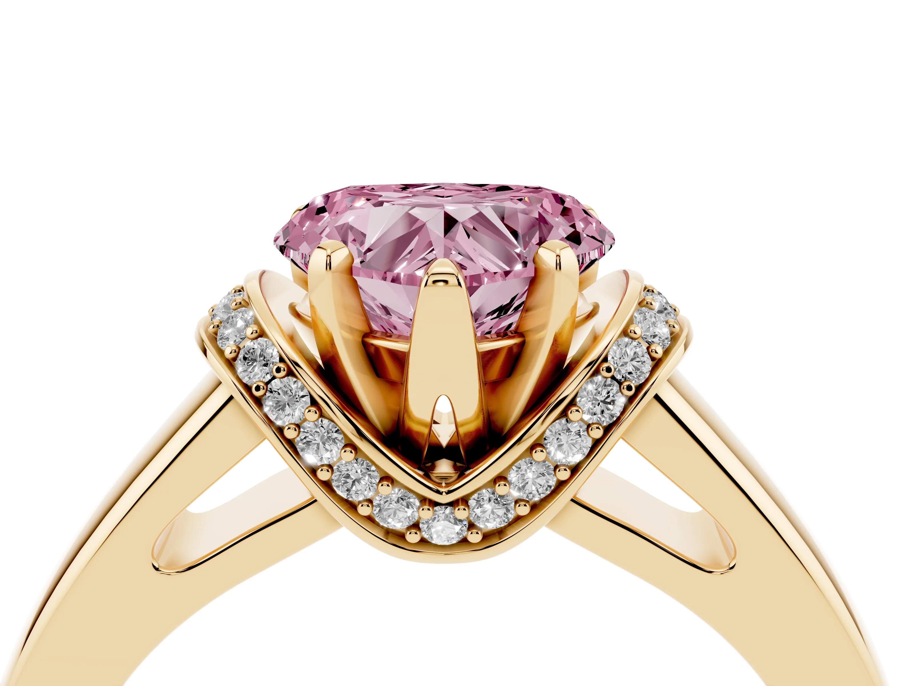 Fancy Pink Heart Cut Diamond Pavé Band Solitaire Ring Set in Yellow gold with Prong Setting