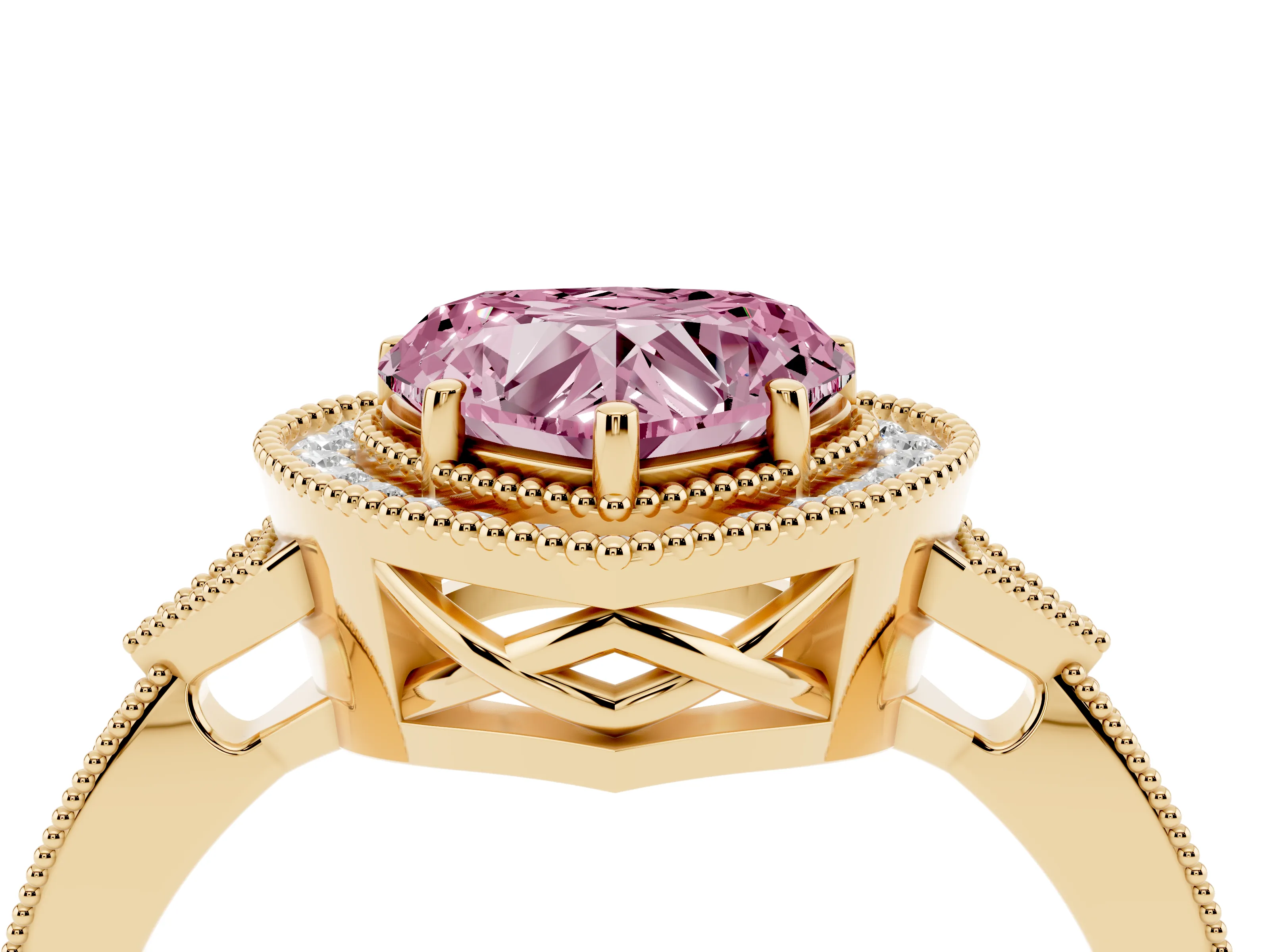 Fancy Pink Heart Cut Diamond Halo Engagement Ring Set in Yellow gold with Milgrain Pavé Band