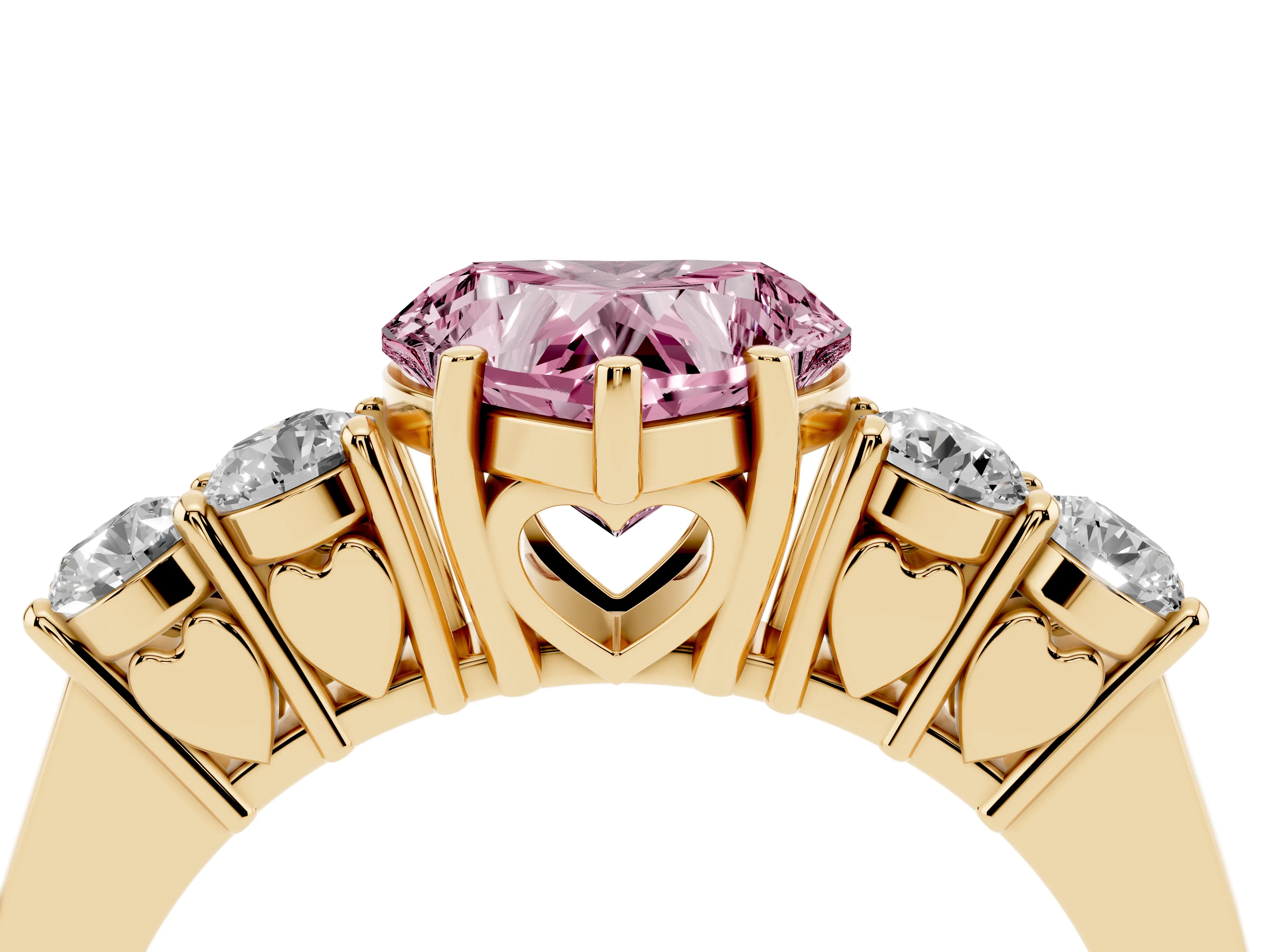 Fancy Pink Heart Cut Diamond Five-Stone Prong Set Band Ring Set in Yellow gold with Polished Band