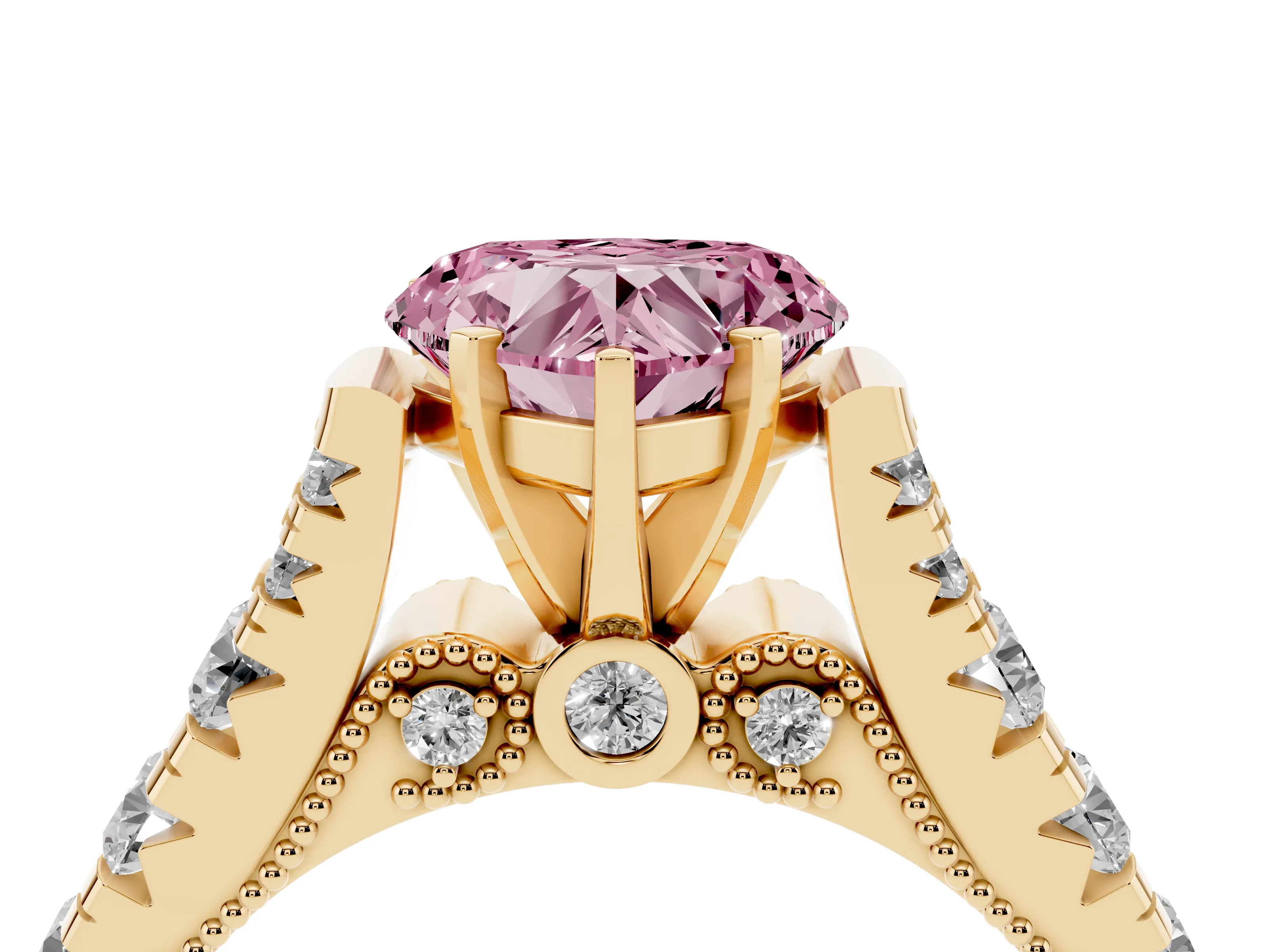 Fancy Pink Heart Cut Diamond Classic Solitaire Ring Set in Yellow gold with Pavé Band and Prong Setting