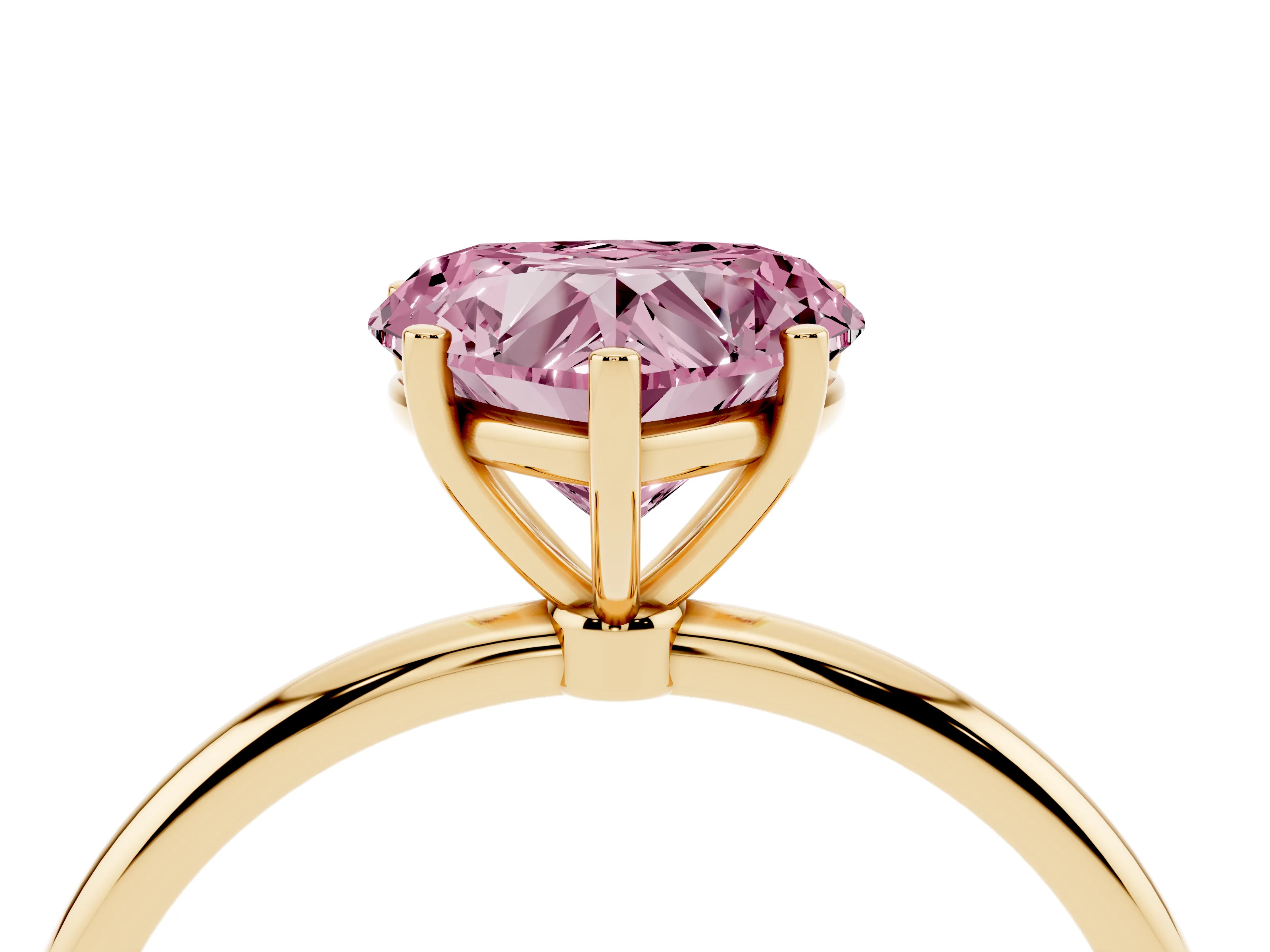 Fancy Pink Heart Cut Diamond Solitaire Engagement Ring Set in Yellow gold with Thin Band and Prong Setting