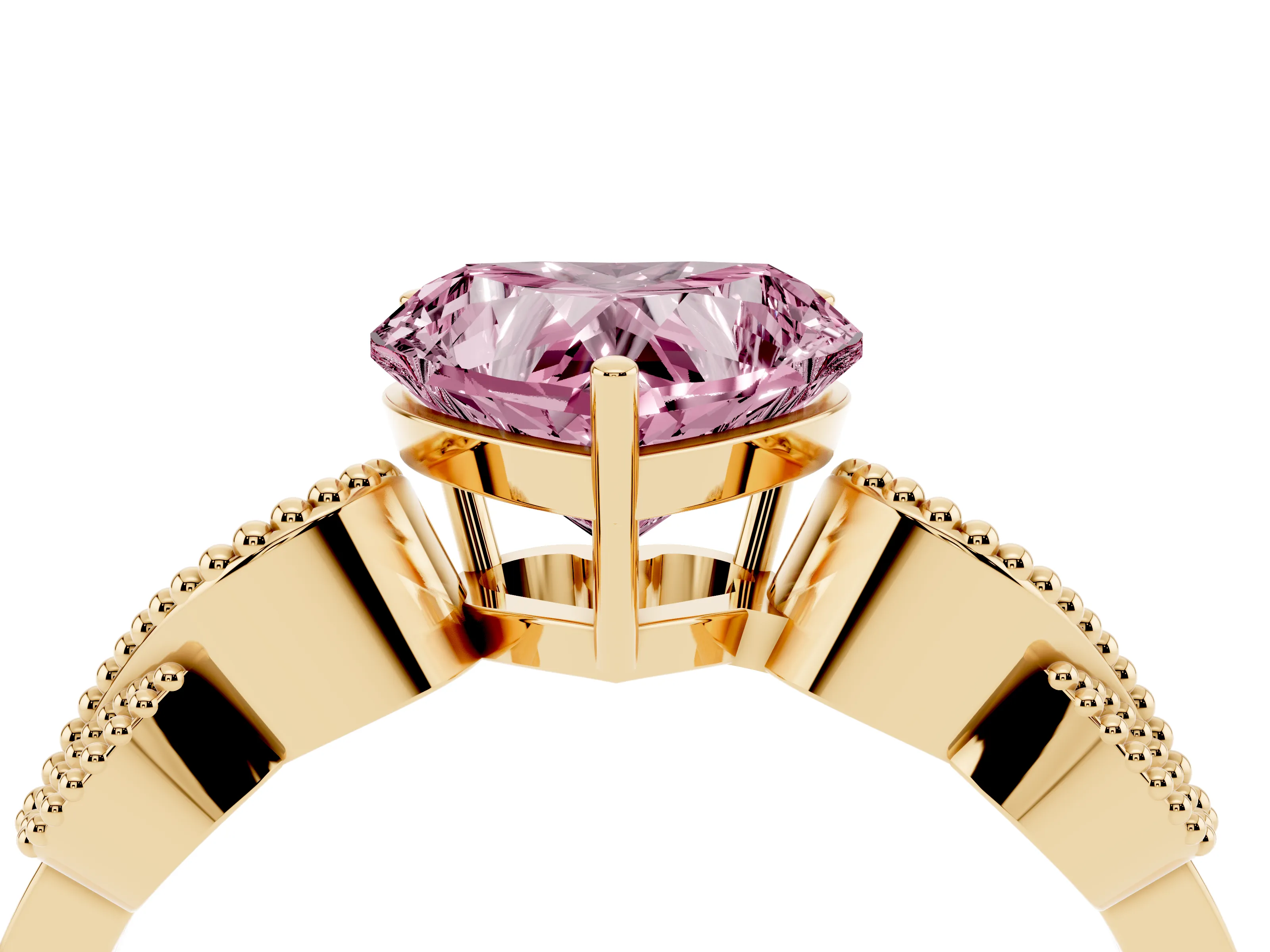 Fancy Pink Heart Cut Diamond Milgrain Leaf Band Solitaire Ring Set in Yellow gold with Accent Stones and Prong Setting