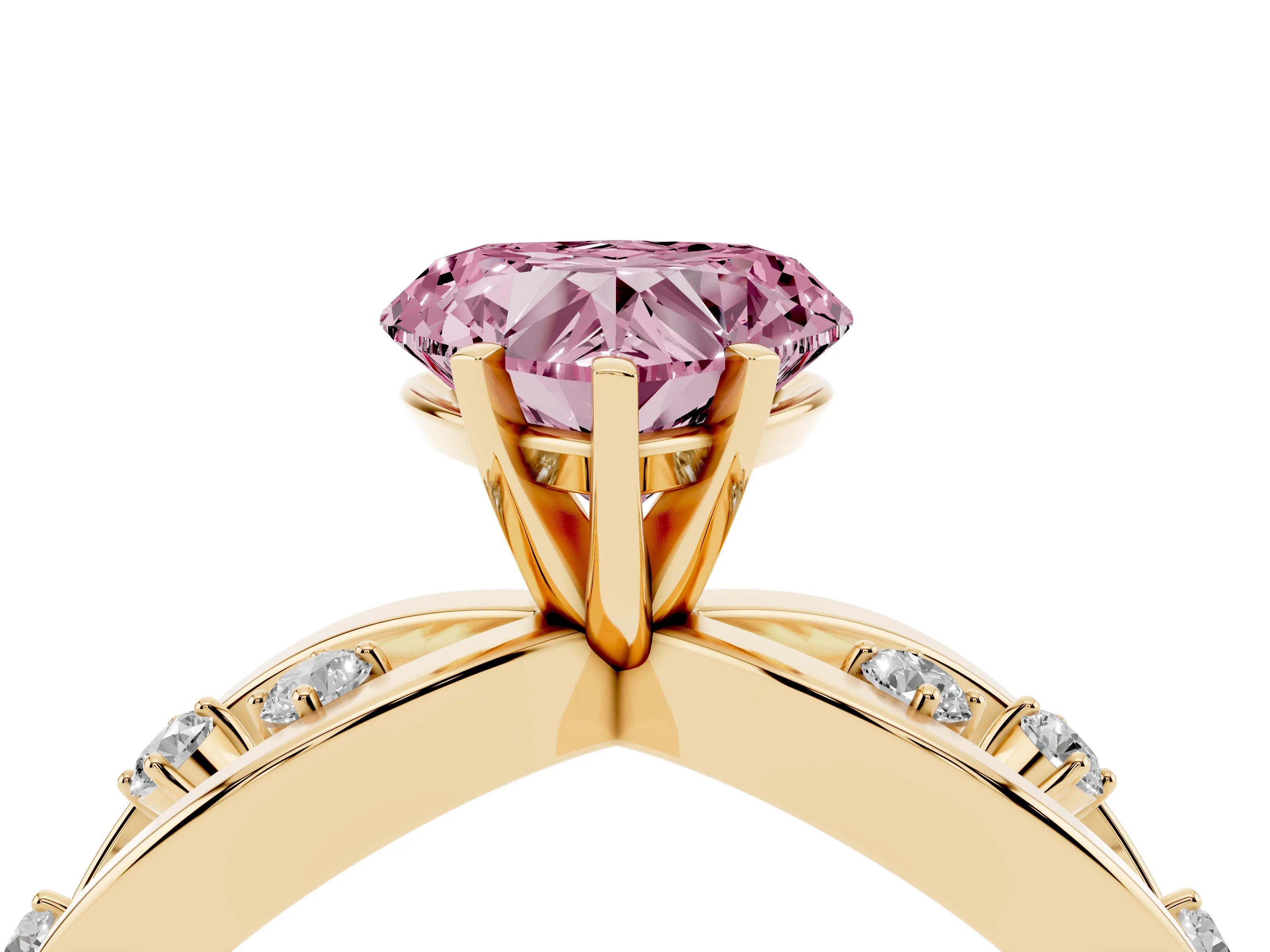 Fancy Pink Heart Cut Diamond Solitaire Ring Set in Yellow gold with Side Stones on Criss-Cross Band and Prong Setting
