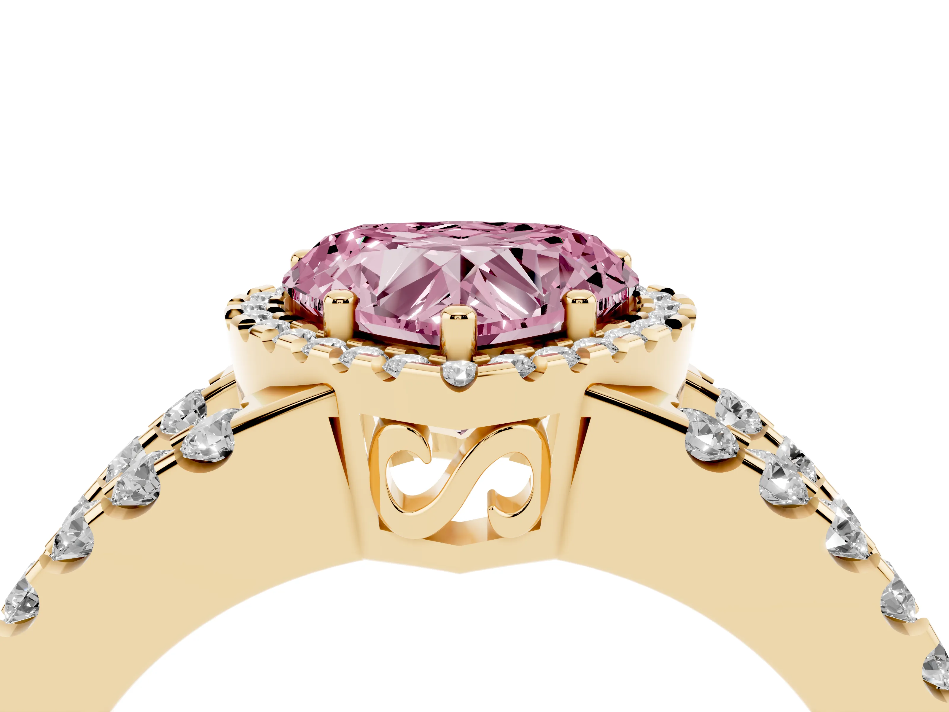 Fancy Pink Heart Cut Diamond Halo Ring Set in Yellow gold with Pavé Split Shank and Prong Setting