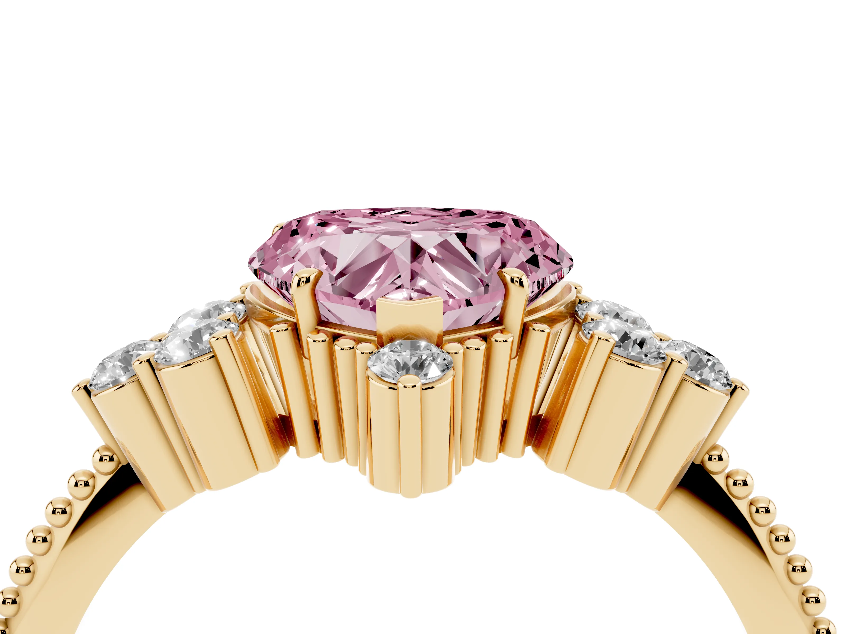 Fancy Pink Heart Cut Diamond Cluster Ring Set in Yellow gold with Beaded Band