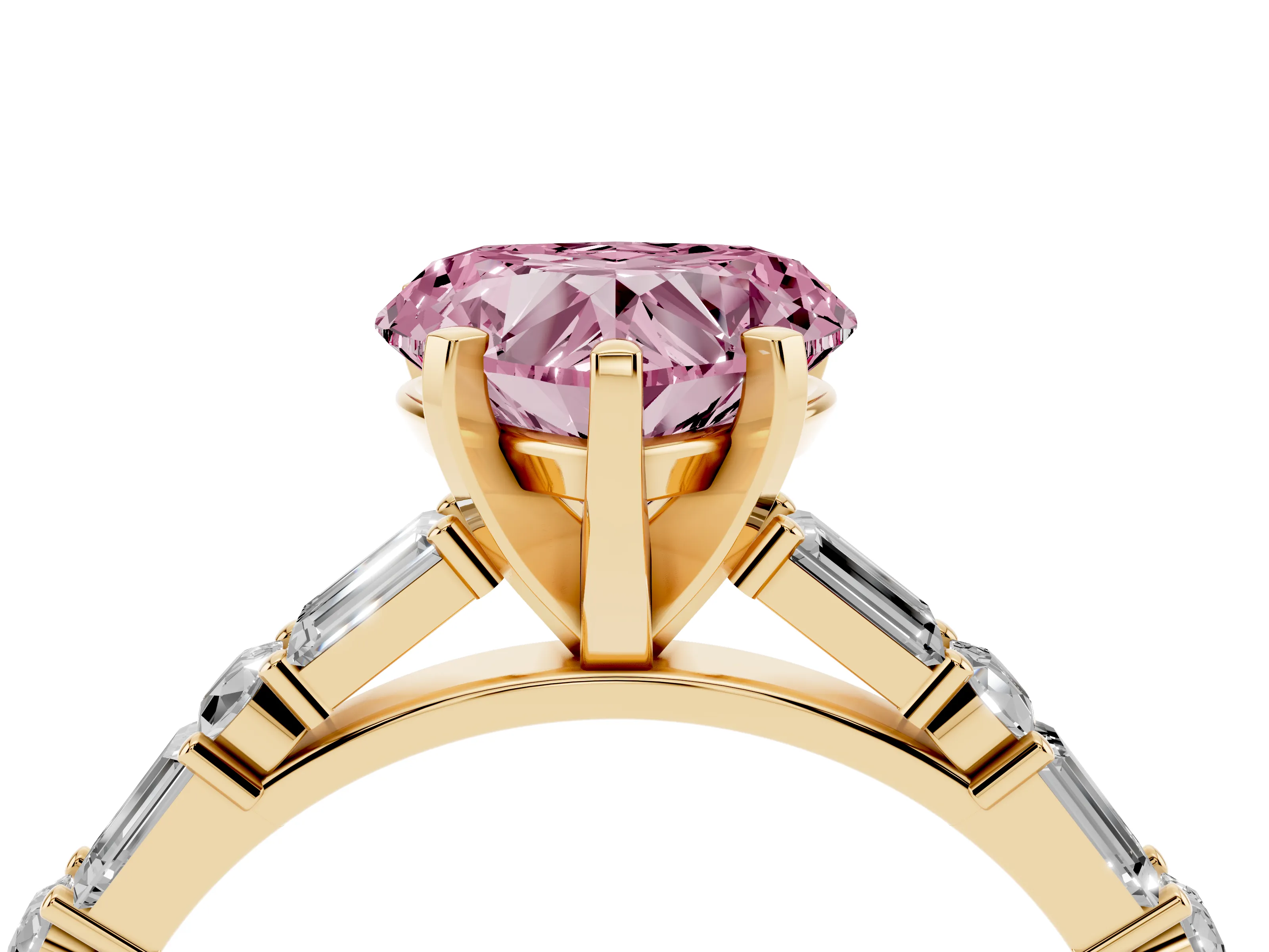 Fancy Pink Heart Cut Diamond Solitaire Set in Yellow gold with Side Baguettes and Channel Set Band