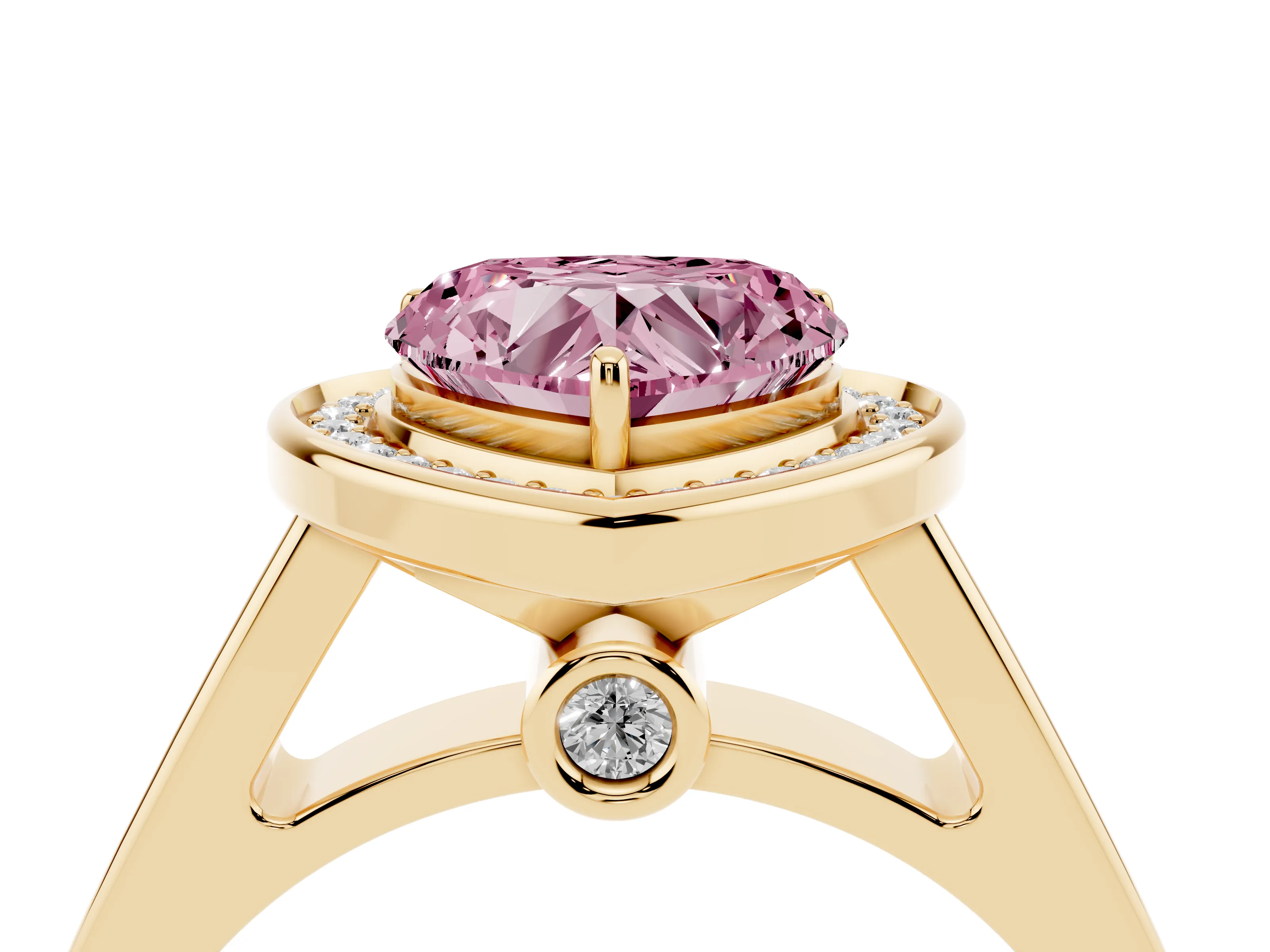 Fancy Pink Heart Cut Diamond Halo Solitaire Ring Set in Yellow gold with Pavé Band and Bezel Setting