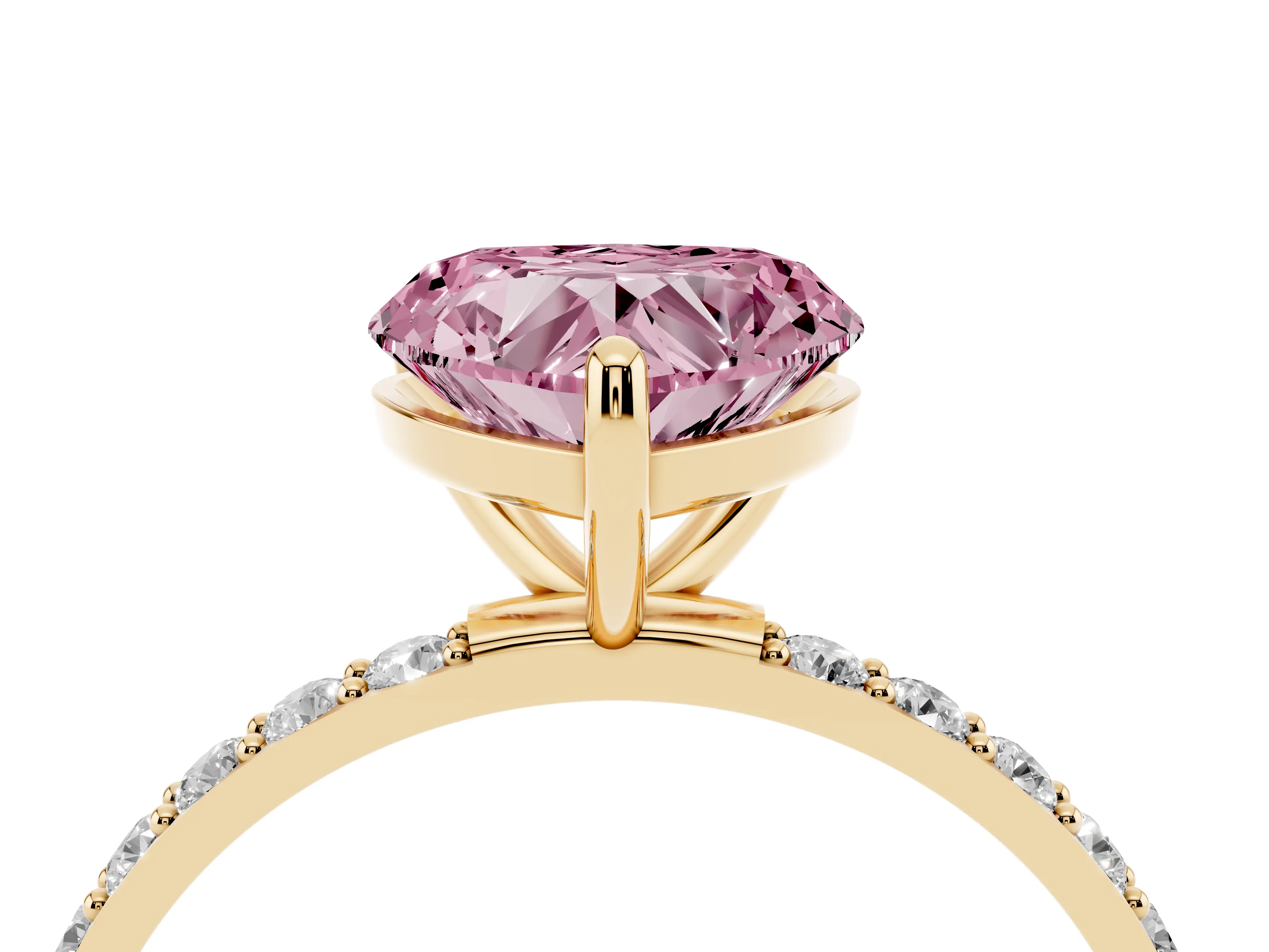 Fancy Pink Heart Cut Diamond Solitaire Ring Set in Yellow gold with Round Pavé Band and Prong Setting