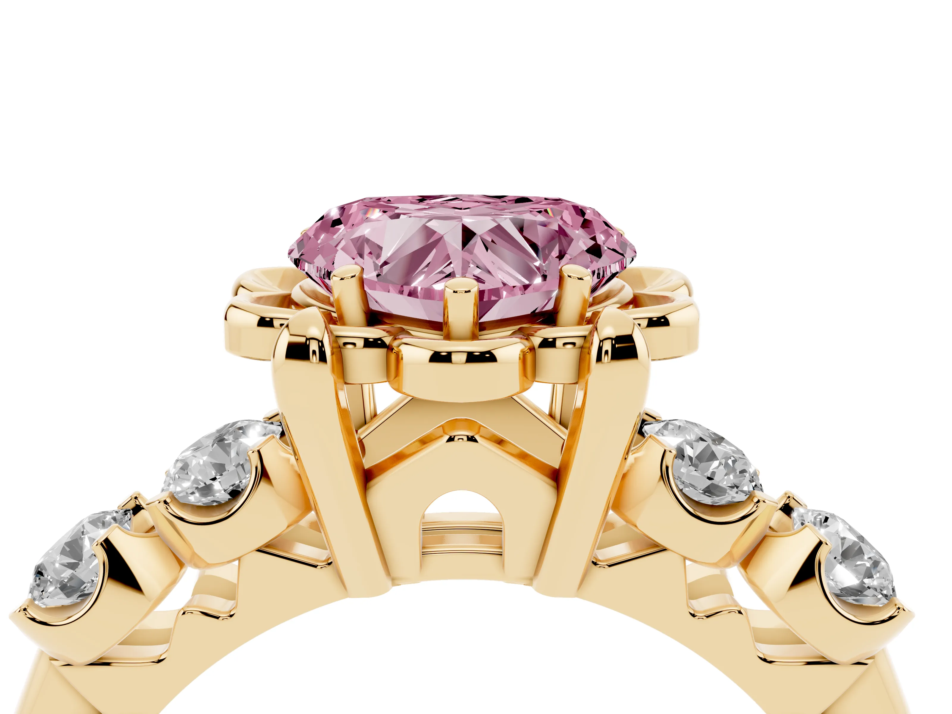 Fancy Pink Heart Cut Diamond Floral Halo Ring Set in Yellow gold with Shared Prong Band