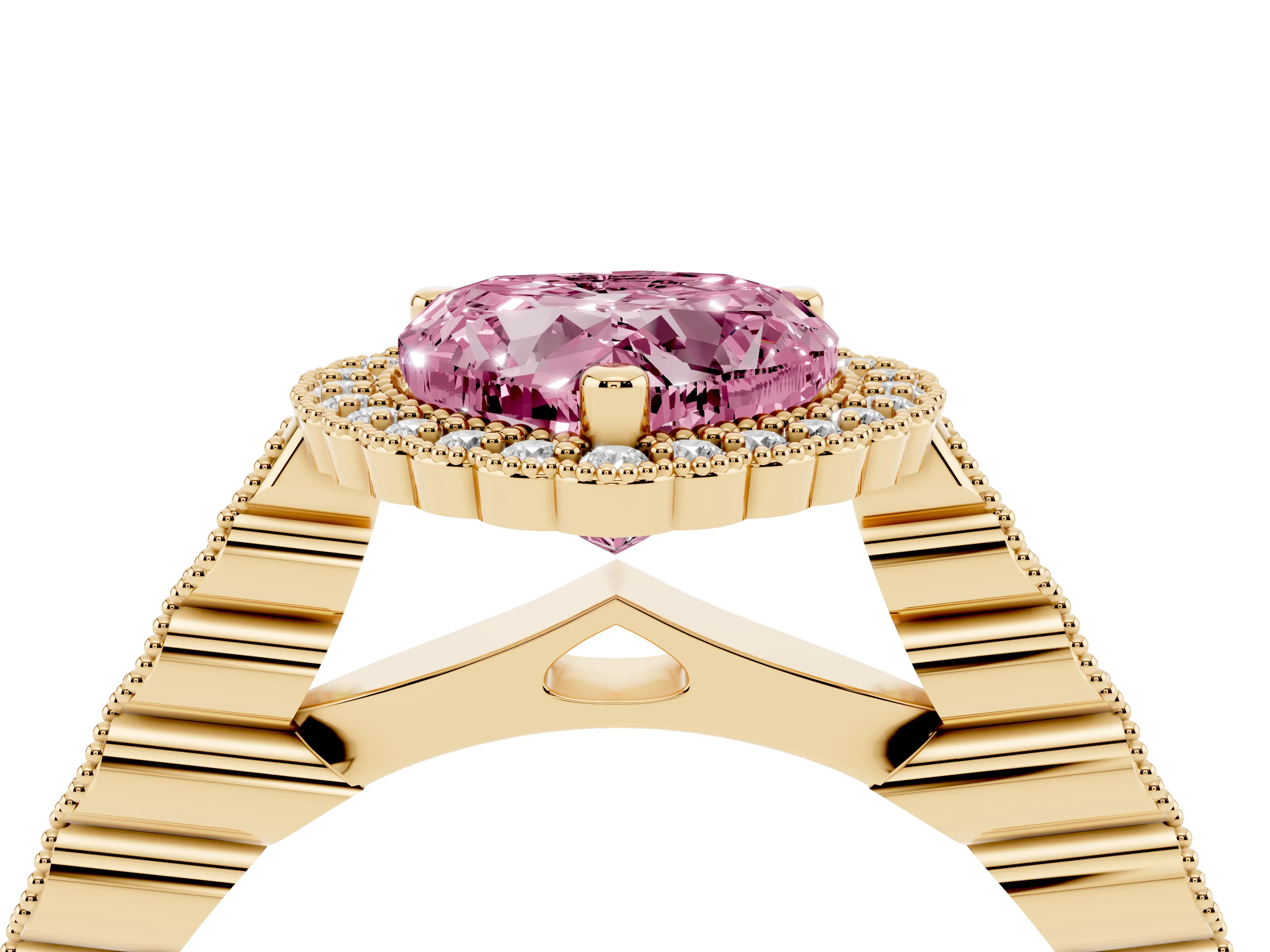 Fancy Pink Heart Cut Diamond Halo Ring Set in Yellow gold with Pavé Milgrain Band