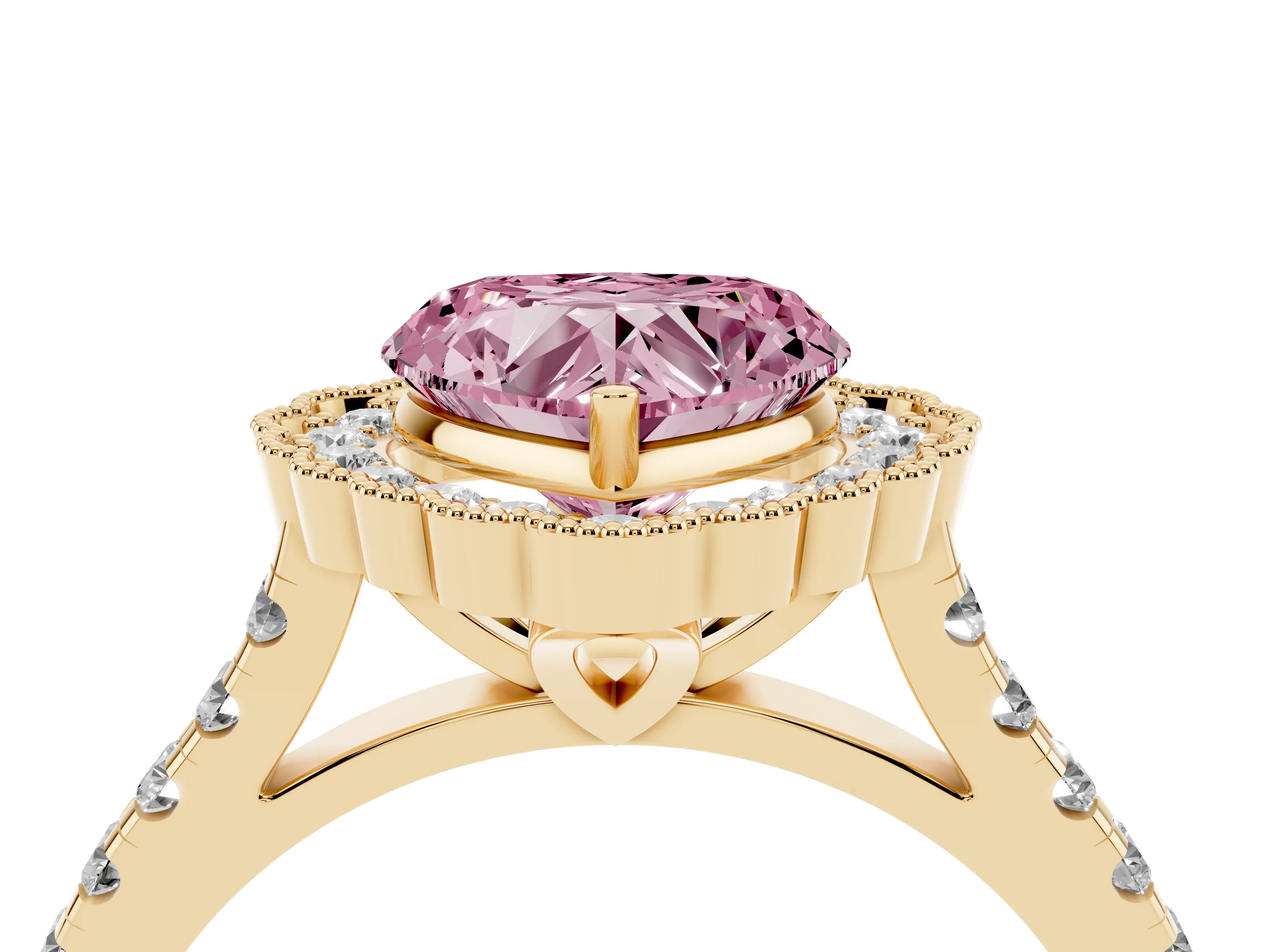 Fancy Pink Heart Cut Diamond Milgrain Floral Halo Engagement Ring Set in Yellow gold with Pavé Band