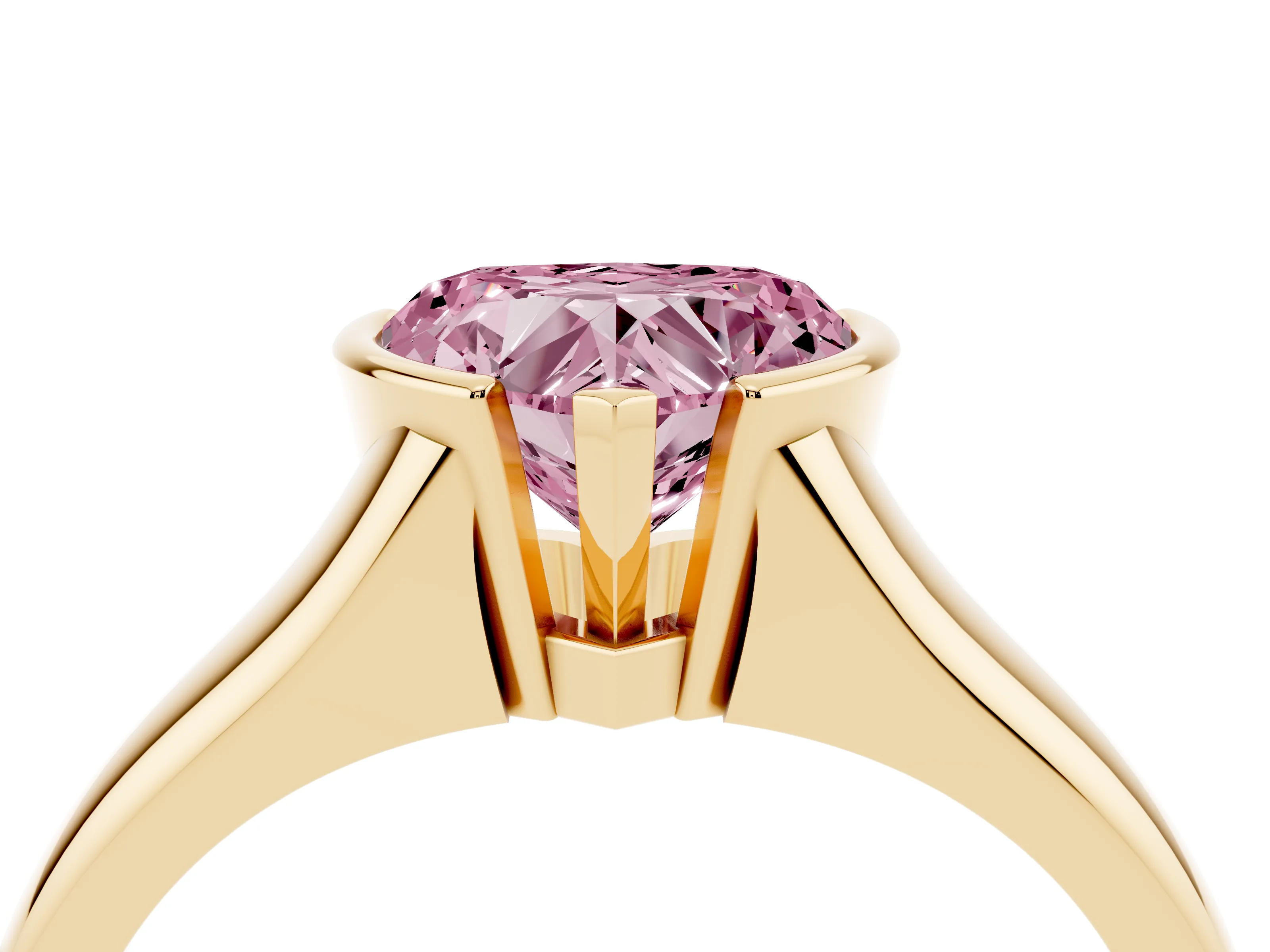 Fancy Pink Heart Cut Diamond Solitaire Tension Set Ring Set in Yellow gold with Split Shank Band