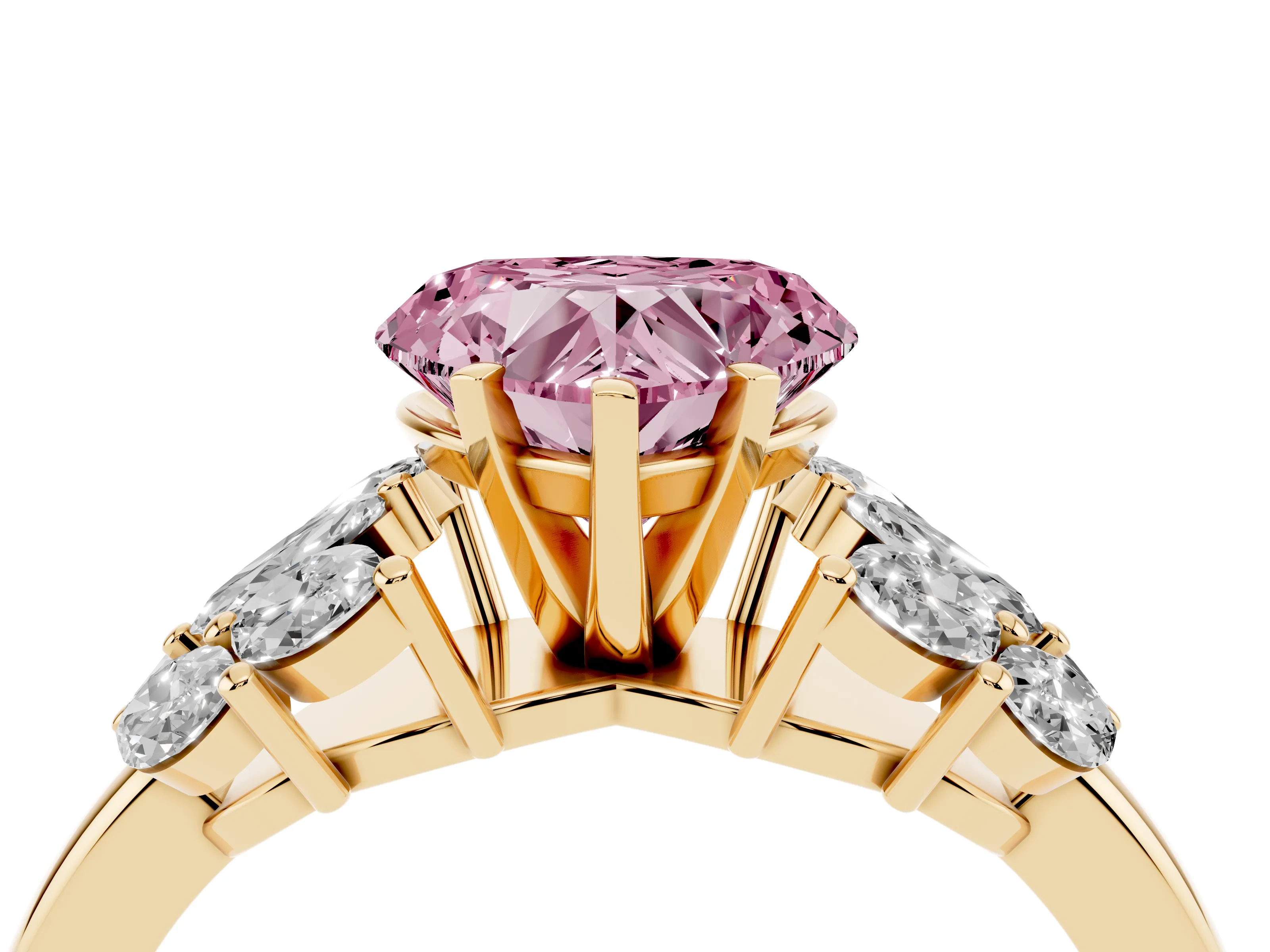 Fancy Pink Heart Cut Diamond Cluster Leaf Design Ring Set in Yellow gold with Prong Setting