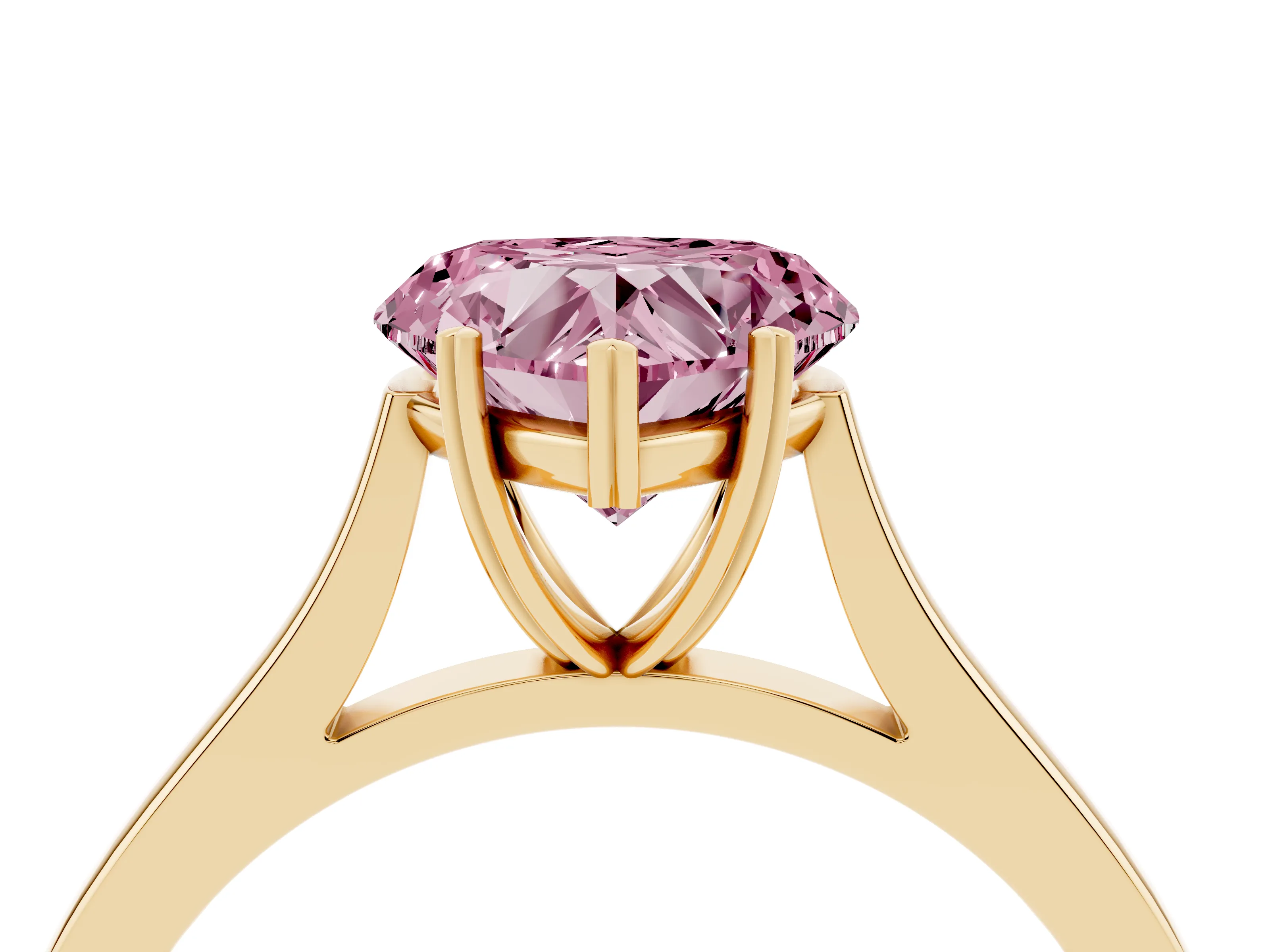 Fancy Pink Heart Cut Diamond Solitaire Heart Prong Engagement Ring Set in Yellow gold with Tapered Band
