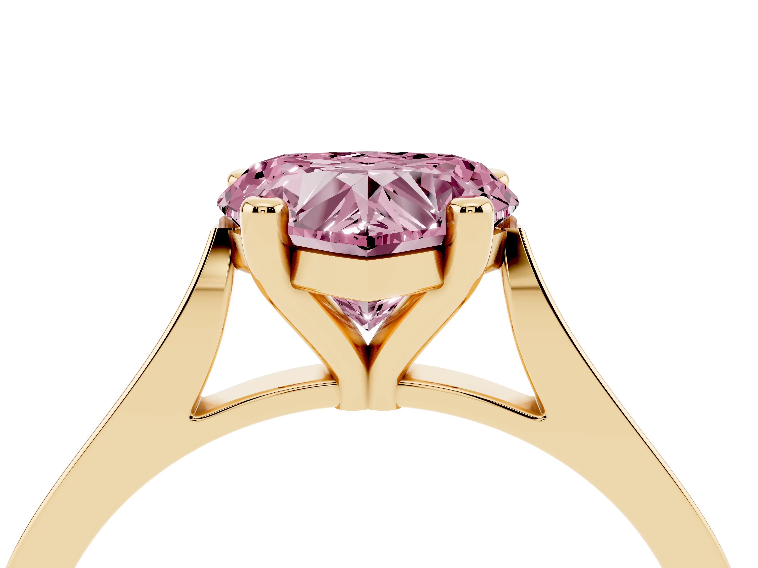 Fancy Pink Heart Cut Diamond Solitaire Ring Set in Yellow gold with Prong Setting and Tapered Band