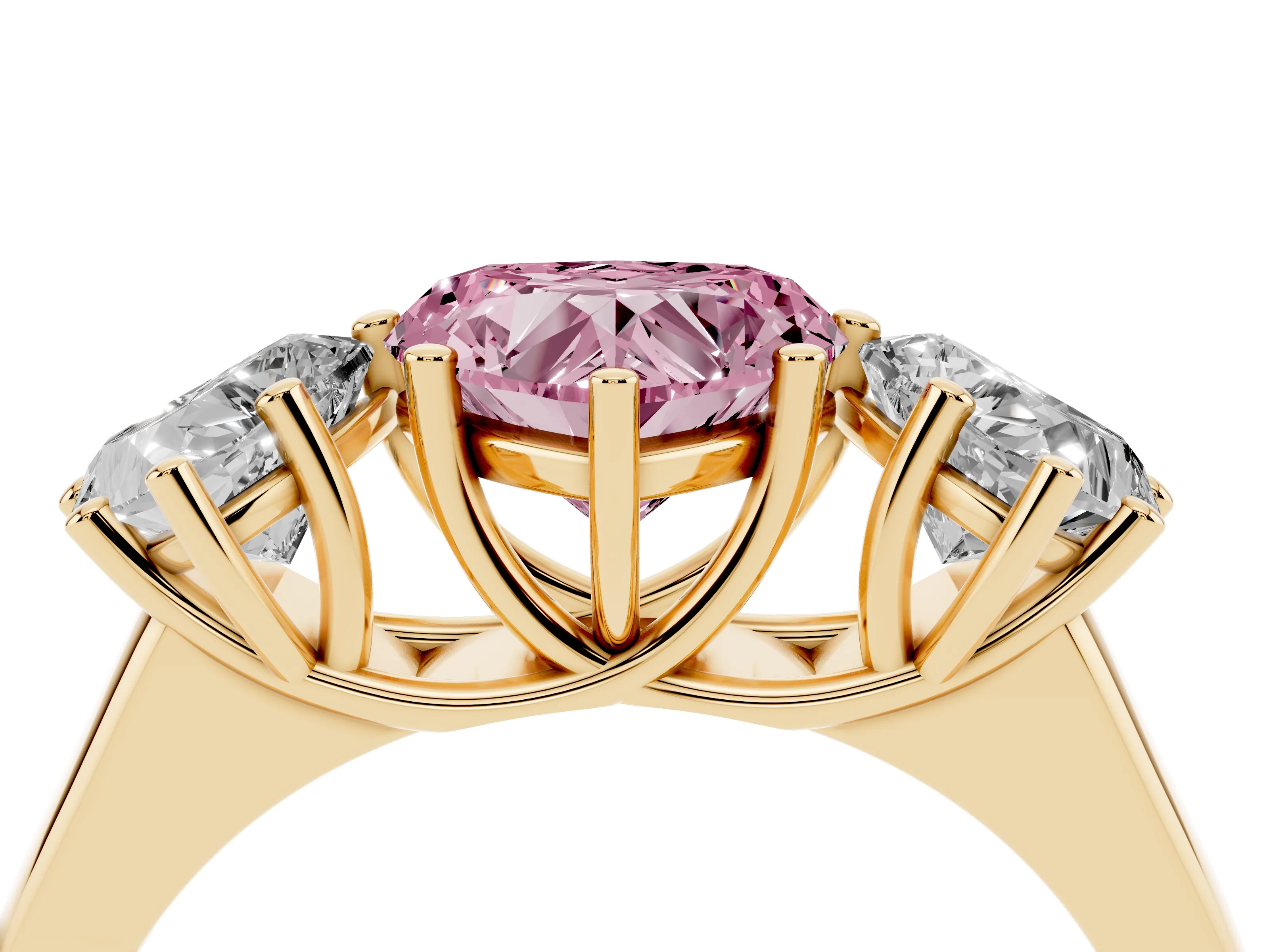 Fancy Pink Heart Cut Diamond Three-Stone Ring Set in Yellow gold with Plain Polished Band