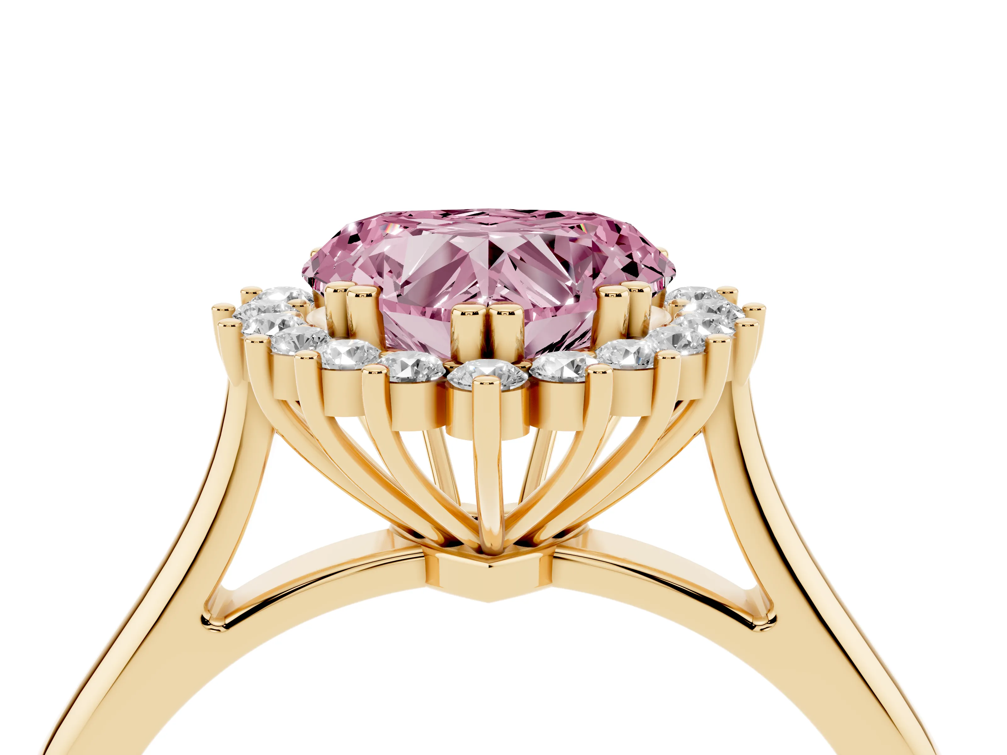 Fancy Pink Heart Cut Diamond Halo Ring Set in Yellow gold with Plain Solitaire Band and Prong Setting