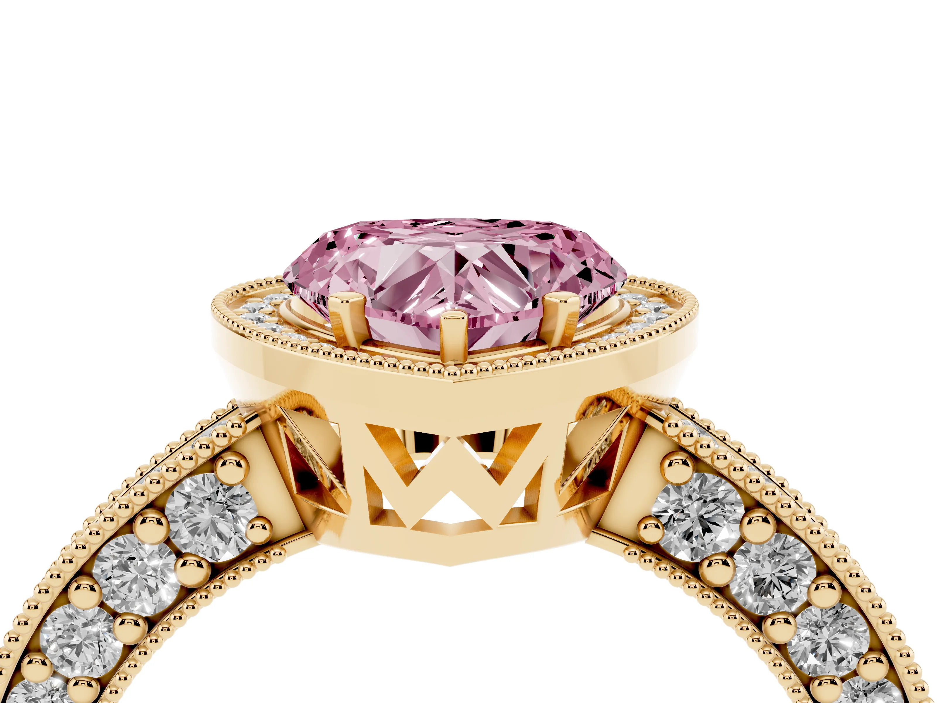 Fancy Pink Heart Cut Diamond Halo Pavé Band Ring Set in Yellow gold with Prong-Set Center