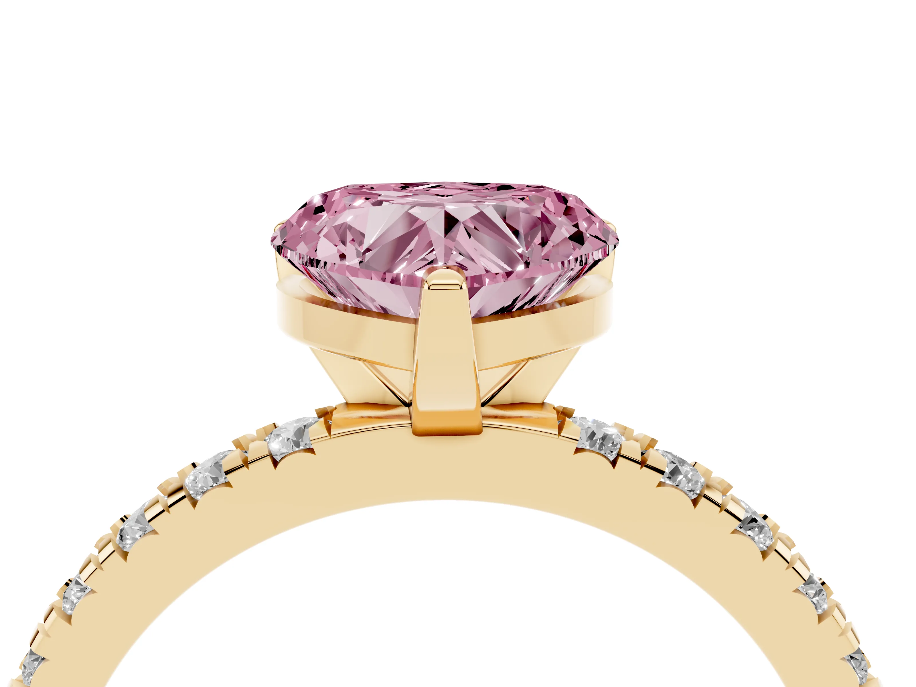 Fancy Pink Heart Cut Diamond Pavé Band Solitaire Set in Yellow gold with Prong Setting