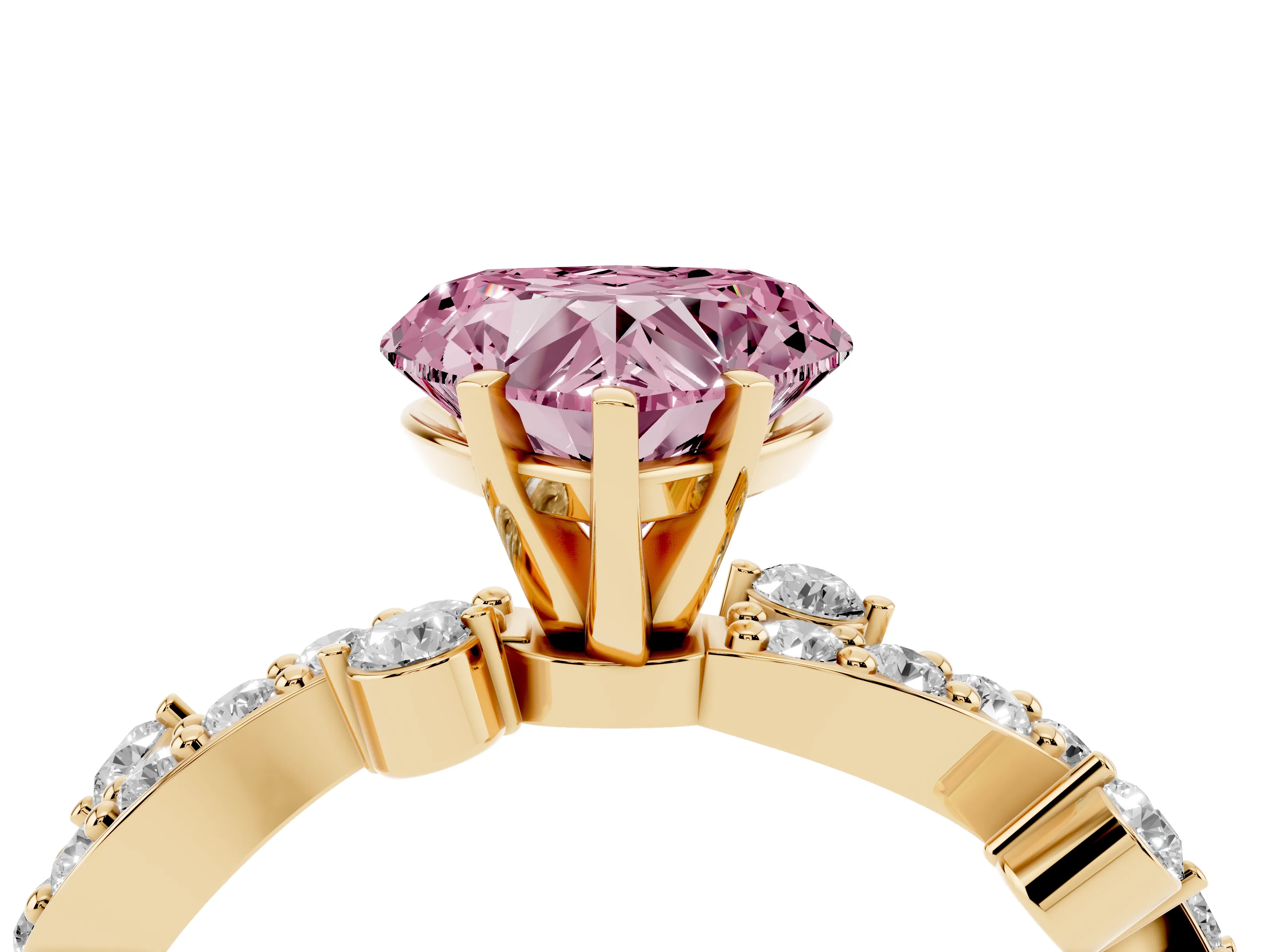 Fancy Pink Heart Cut Diamond Solitaire Twisted Band Set in Yellow gold with Pavé Setting