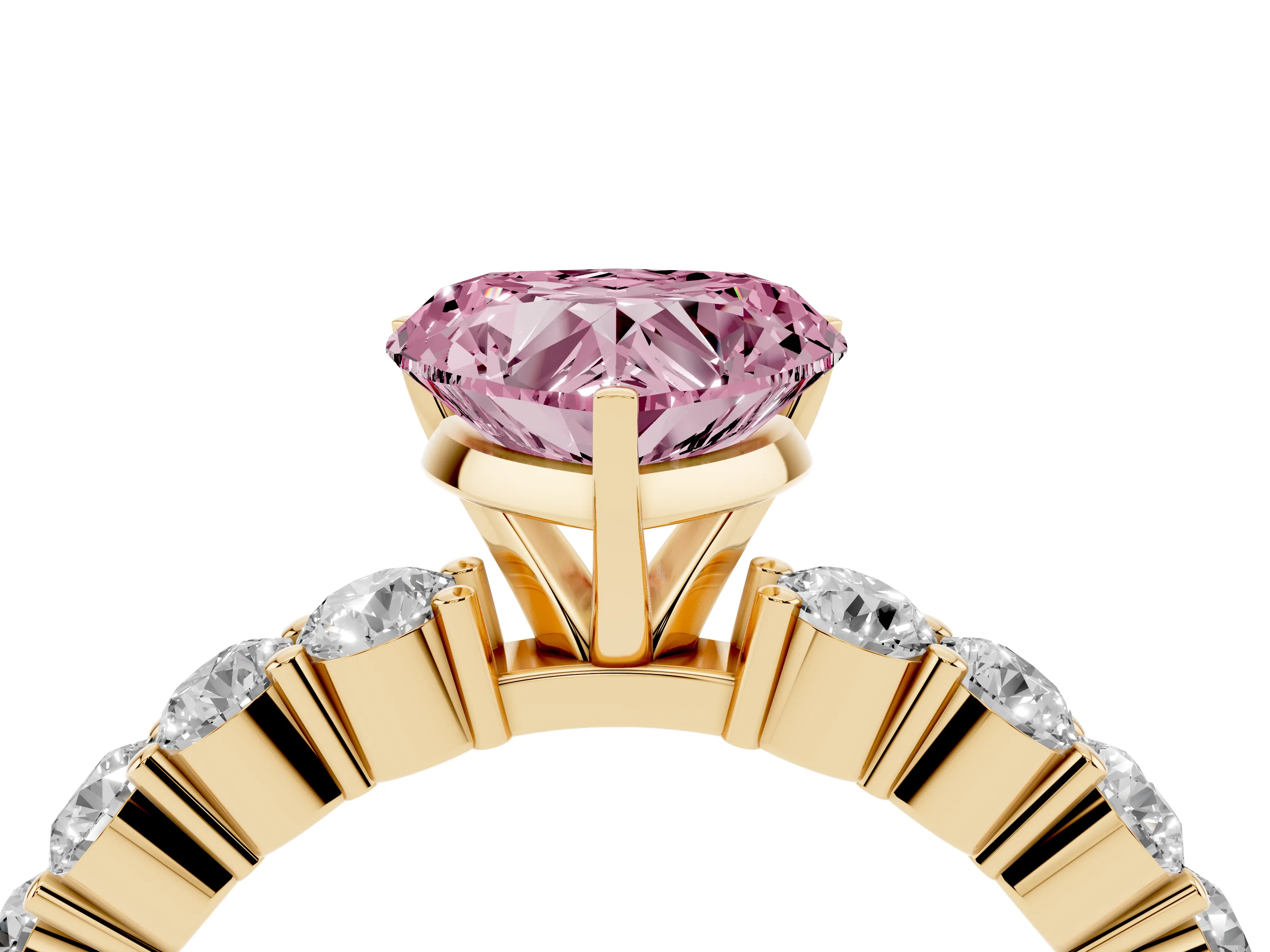 Fancy Pink Heart Cut Diamond Solitaire Ring Set in Yellow gold with Shared Prong Round Side Stones