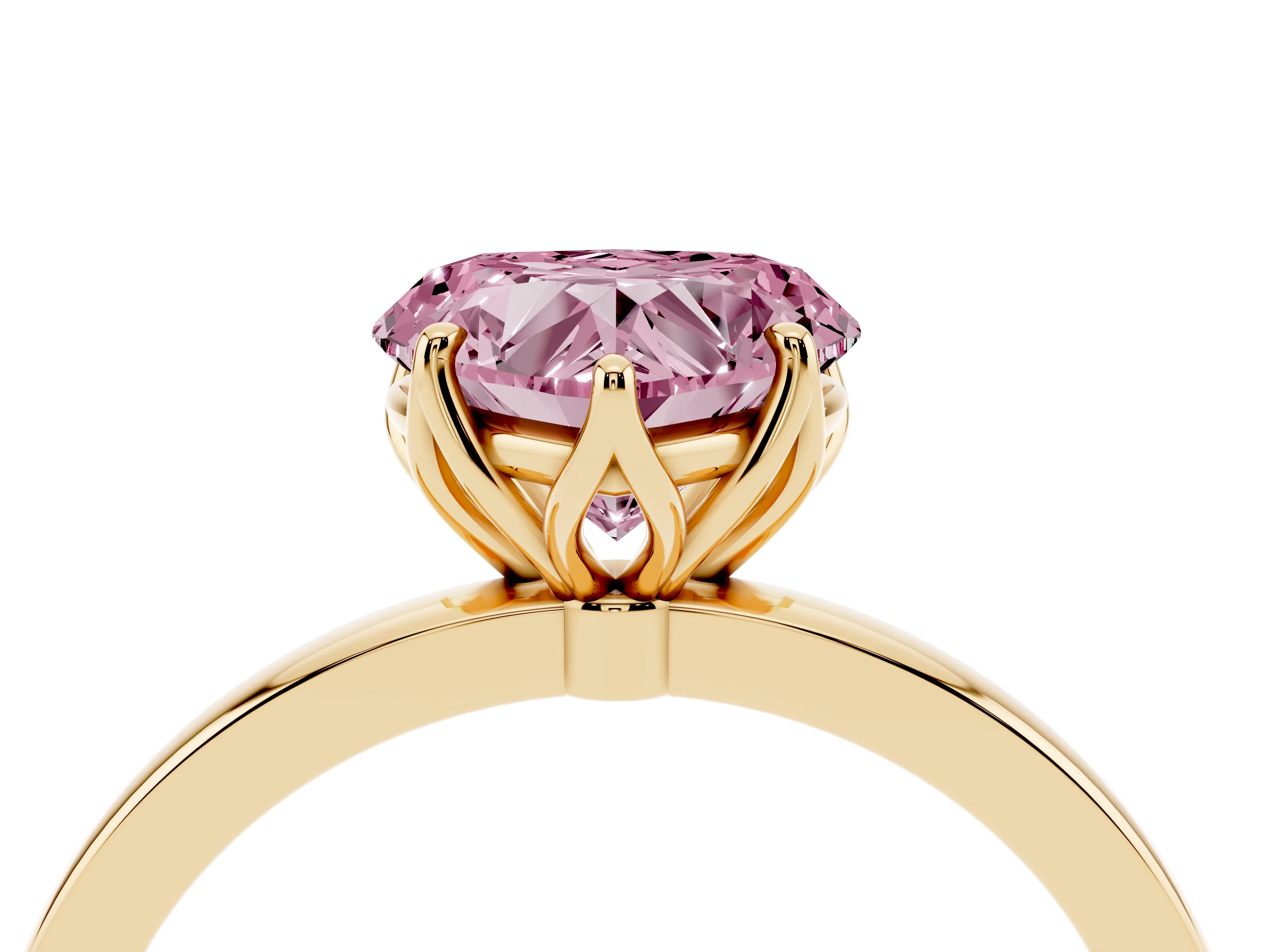 Fancy Pink Heart Cut Diamond Solitaire Ring Set in Yellow gold with Prong Setting and Thin Polished Band