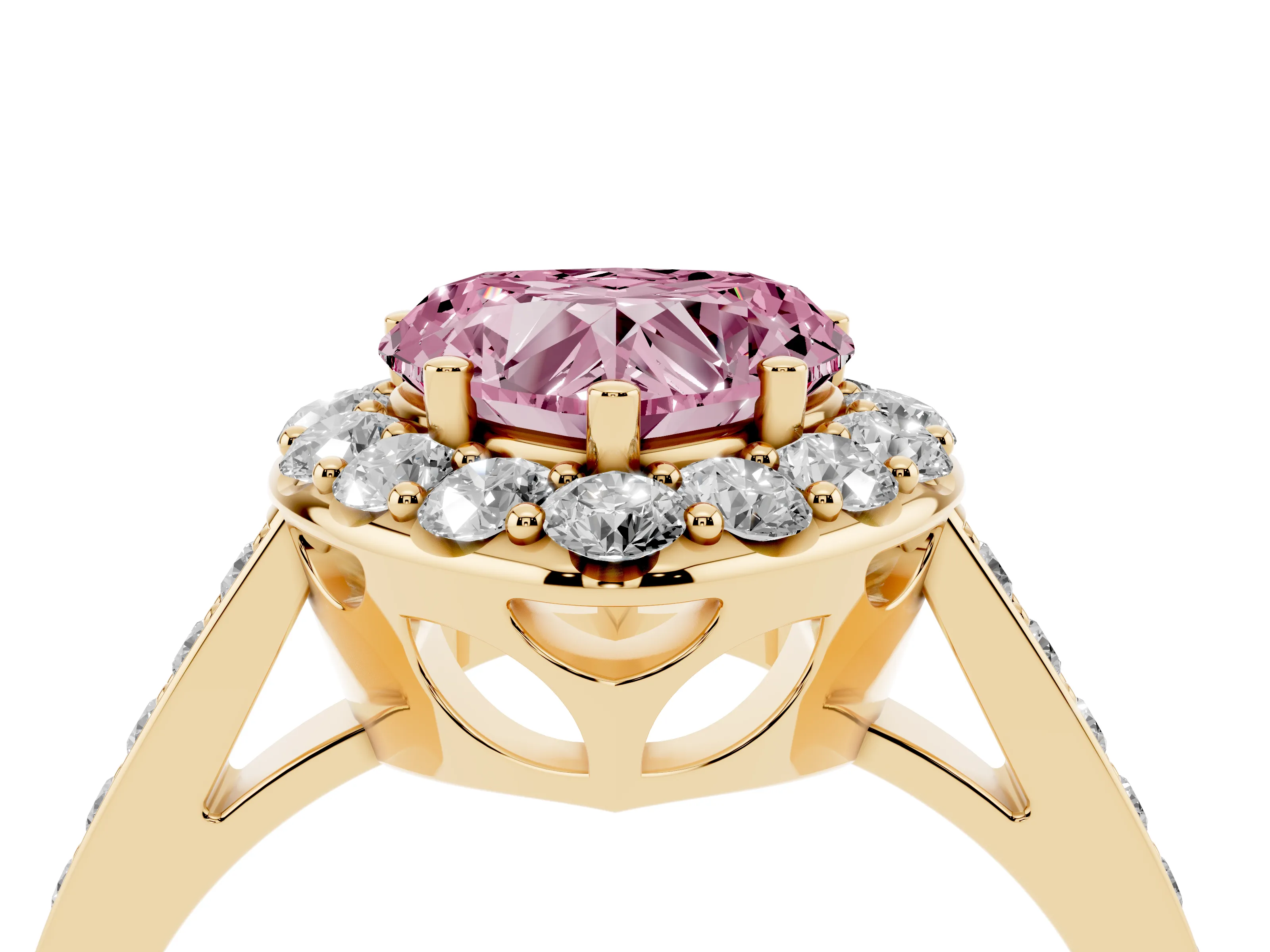 Fancy Pink Heart Cut Diamond Floral Halo Ring Set in Yellow gold with Pavé Band and Prong Setting