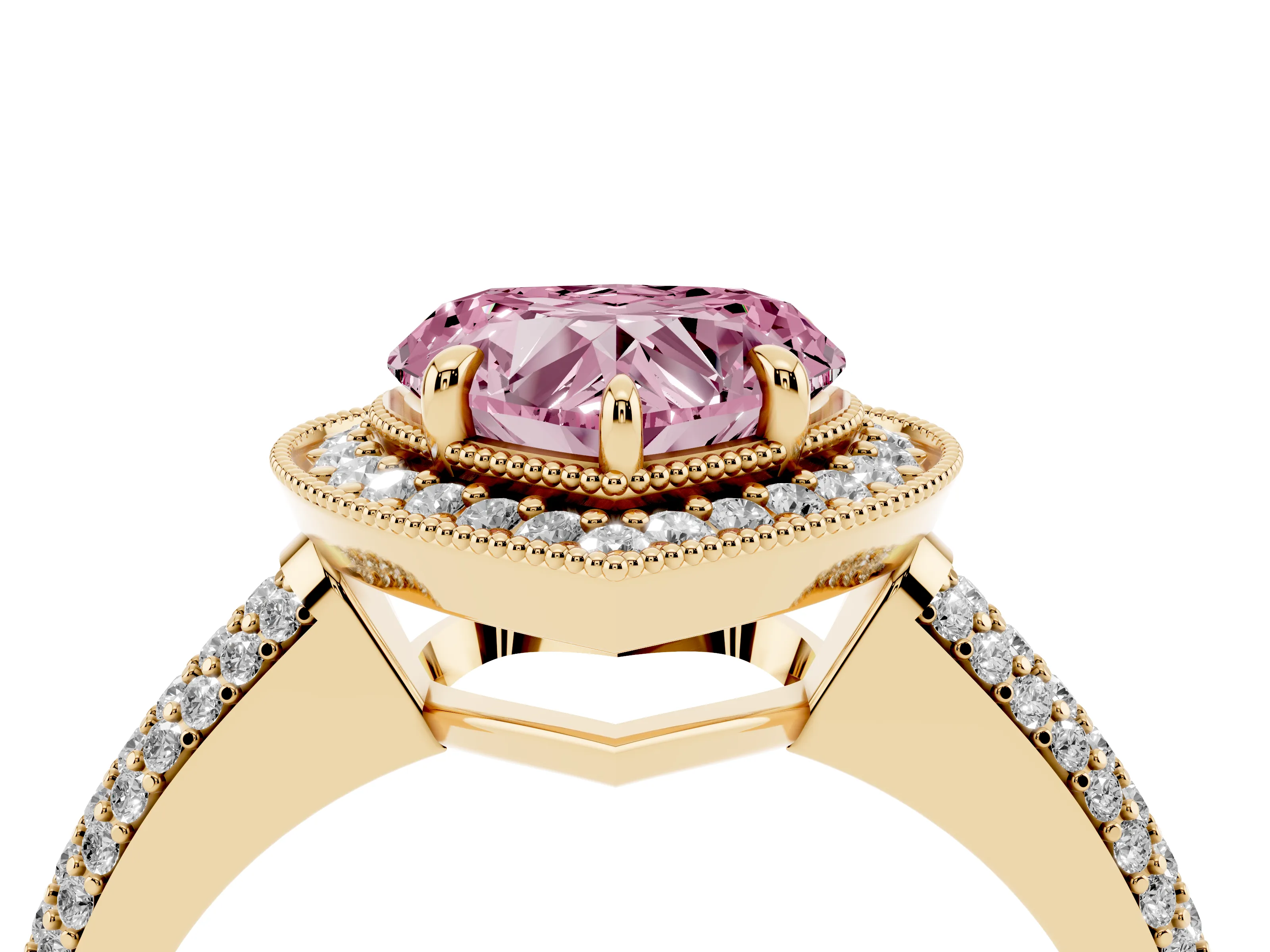 Fancy Pink Heart Cut Diamond Halo Pavé Band Set in Yellow gold with Prong Setting
