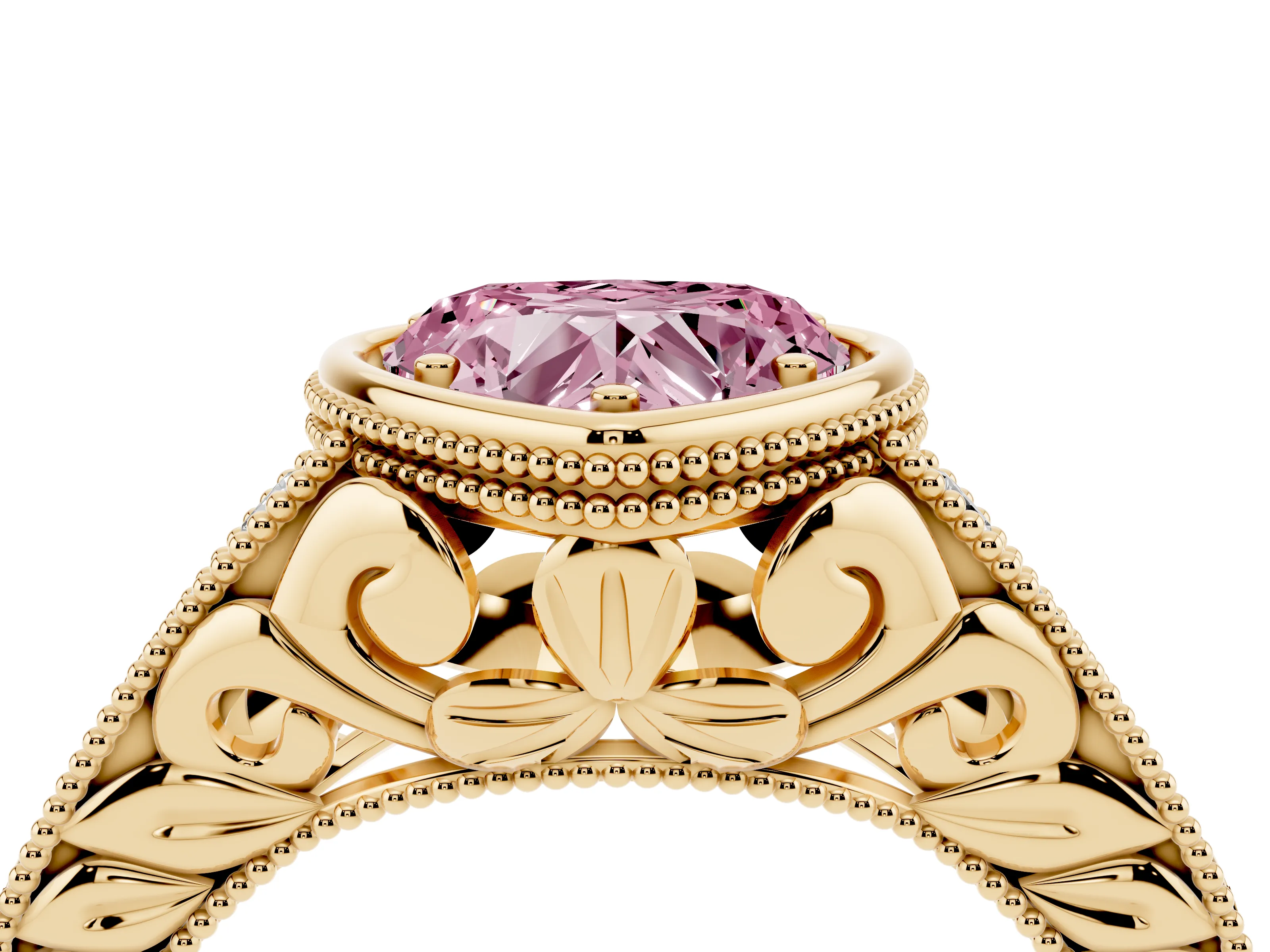 Fancy Pink Bezel Set Heart Cut Diamond Milgrain Pavé Engagement Ring Set in Yellow gold